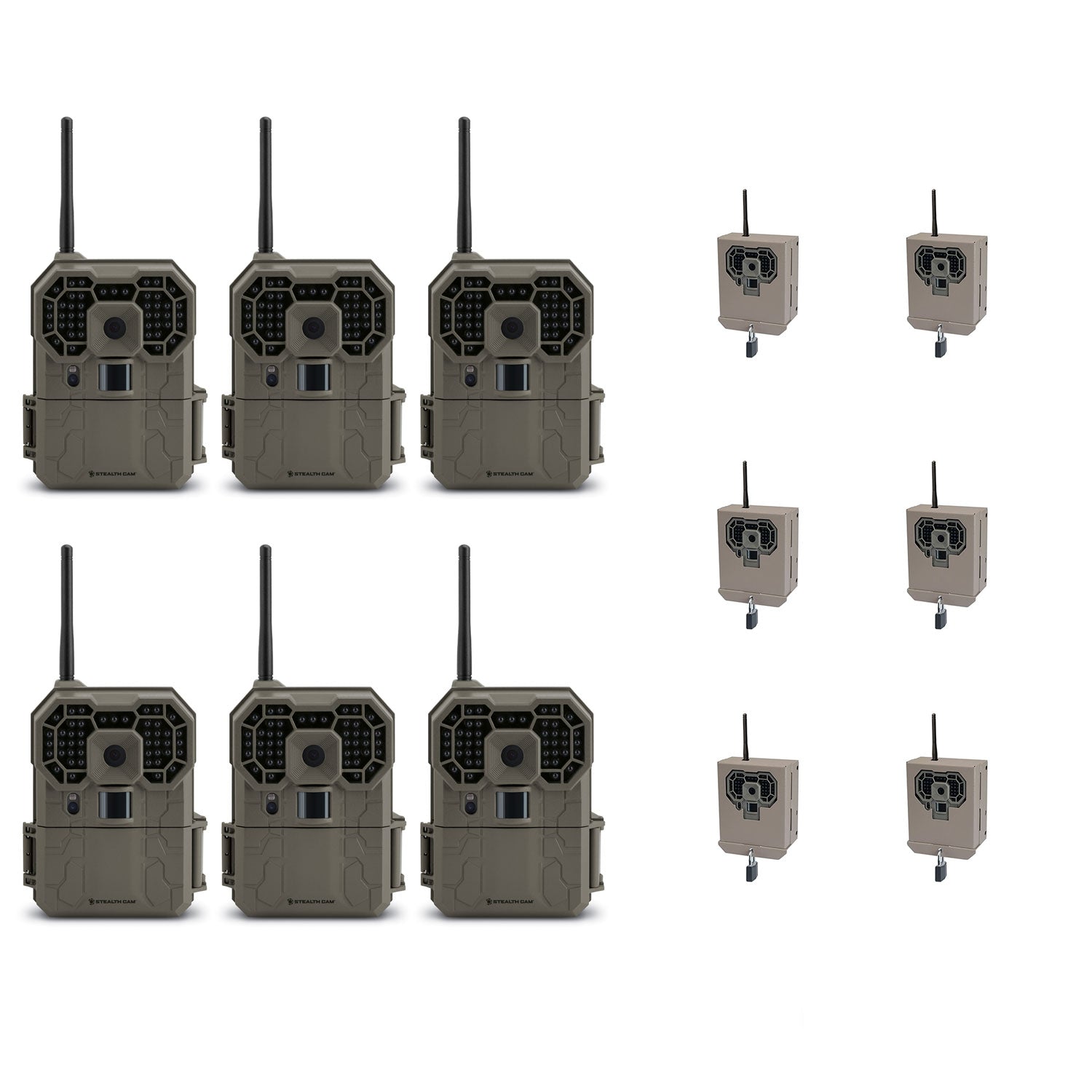 Stealth Cam 12MP Wireless Trail Camera (6 Pack) + Camera Security Box (6 Pack)
