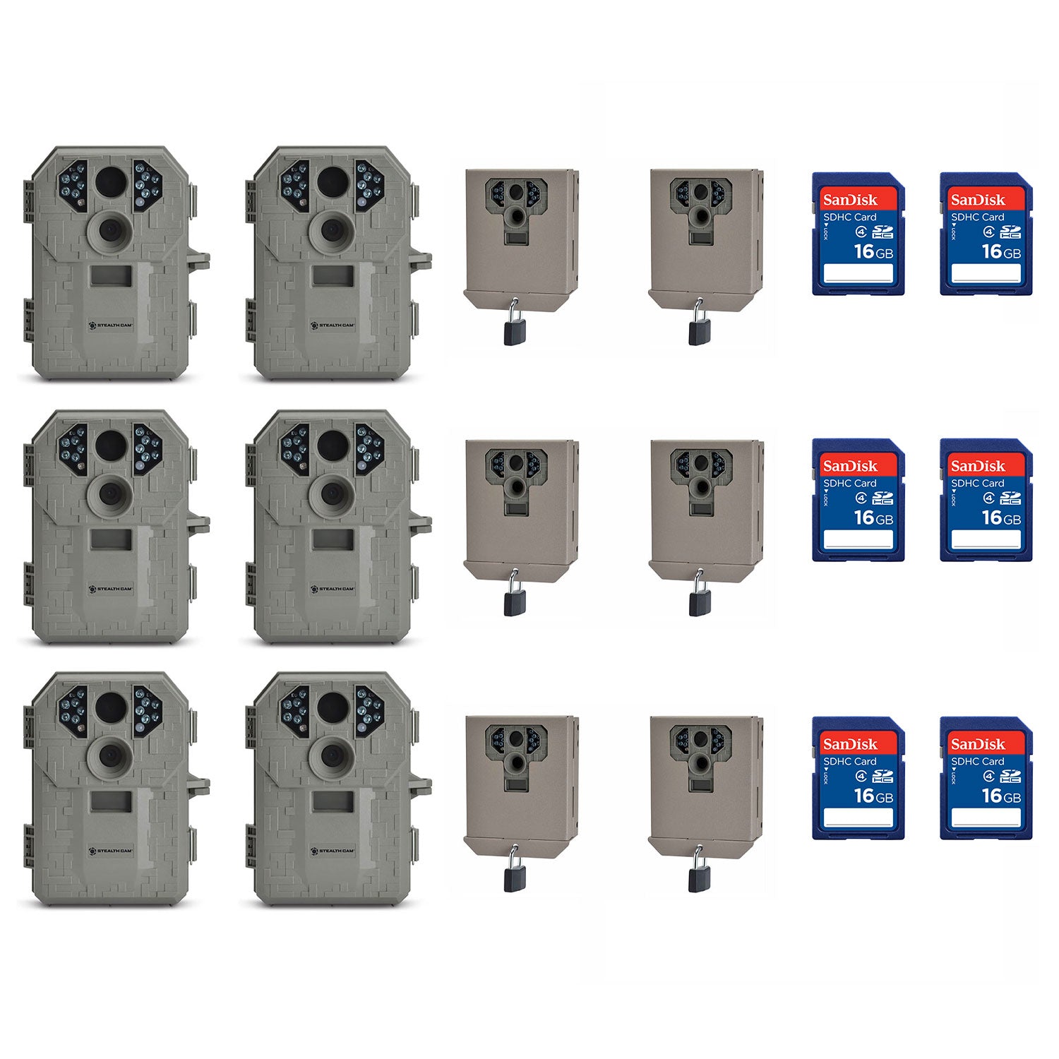 Stealth Cam Game Camera (6 Pack) + Security Box (6 Pack) + Memory Card (6 Pack)