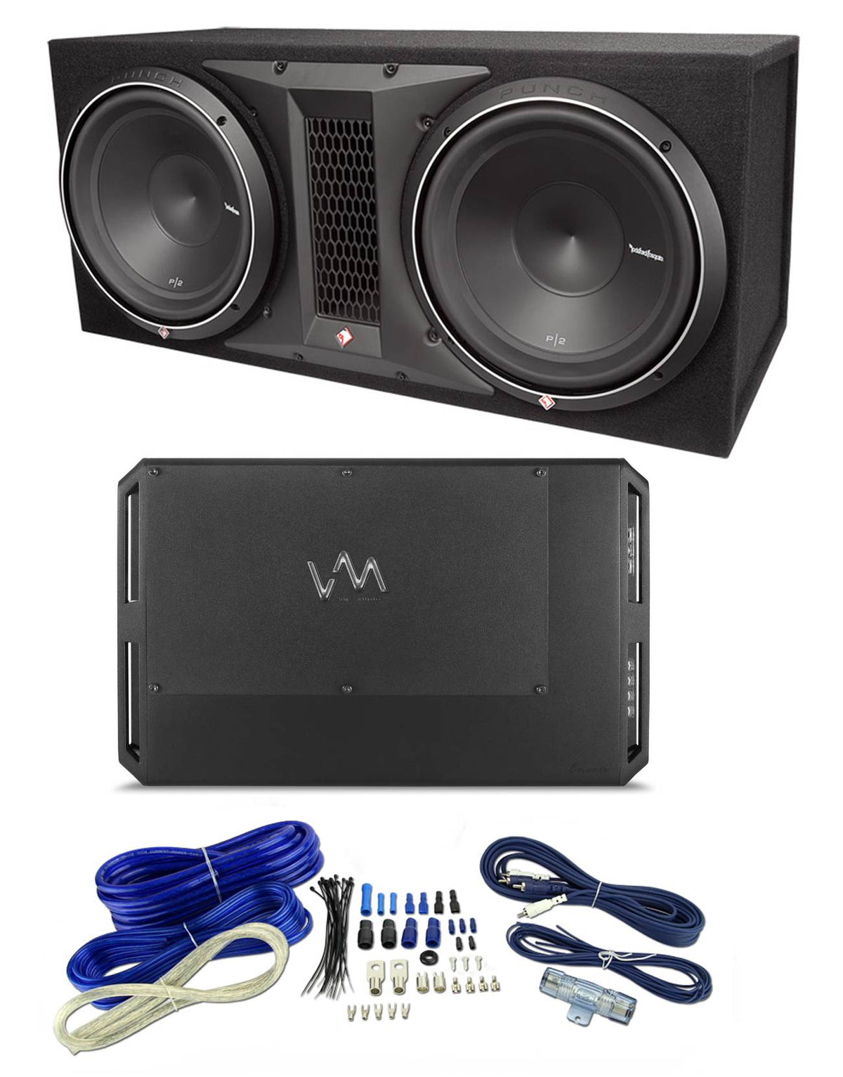 Rockford Fosgate P2-2X12 12" 1600W Dual Subwoofer Sub + Mono D Amp + Wiring Kit