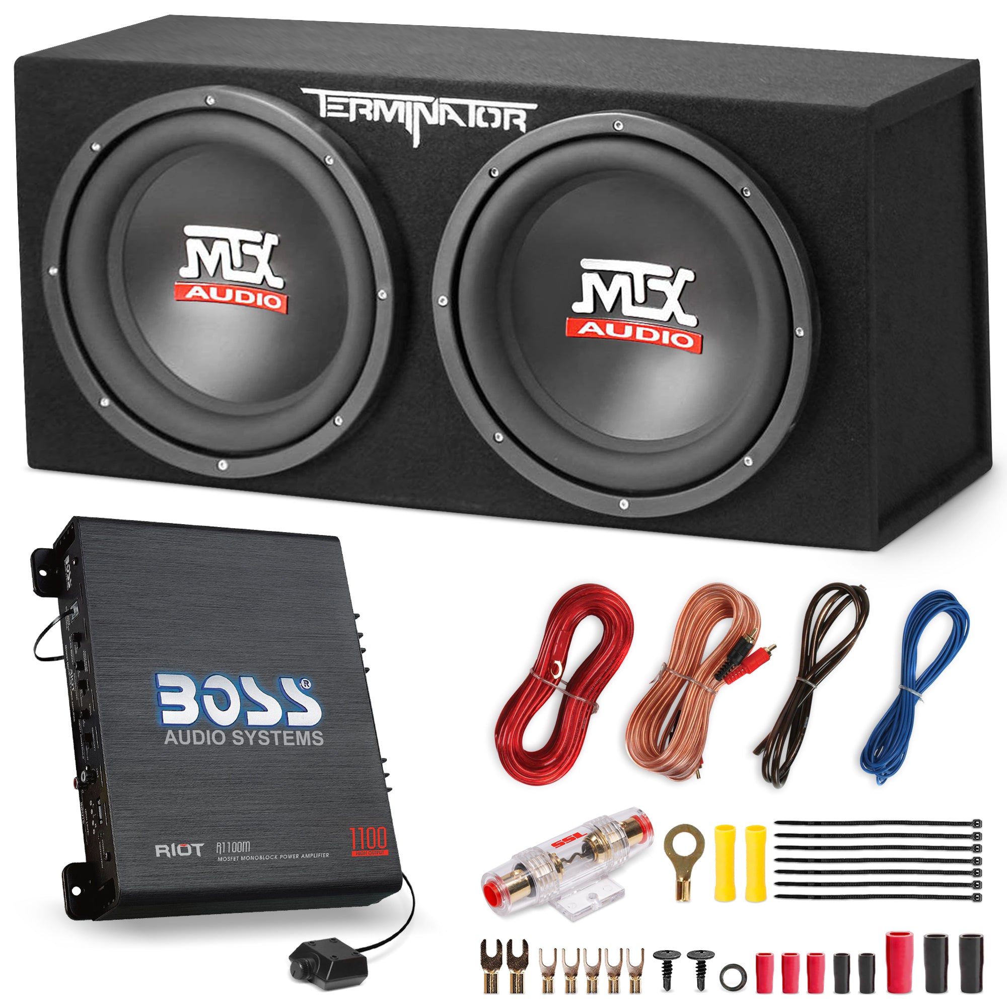 MTX TNE212D 12" 1200W Dual Loaded Car Subwoofer and Boss 1100W Amplifier w/ Kit - VMInnovations