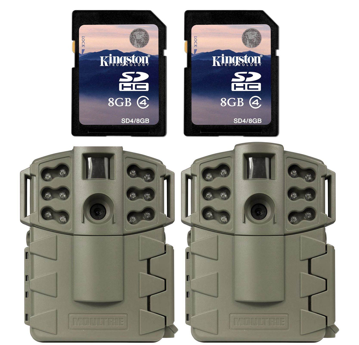(2) MOULTRIE Game Spy A-5 Gen2 Low Glow Infrared Trail Cameras + (2) SD Cards