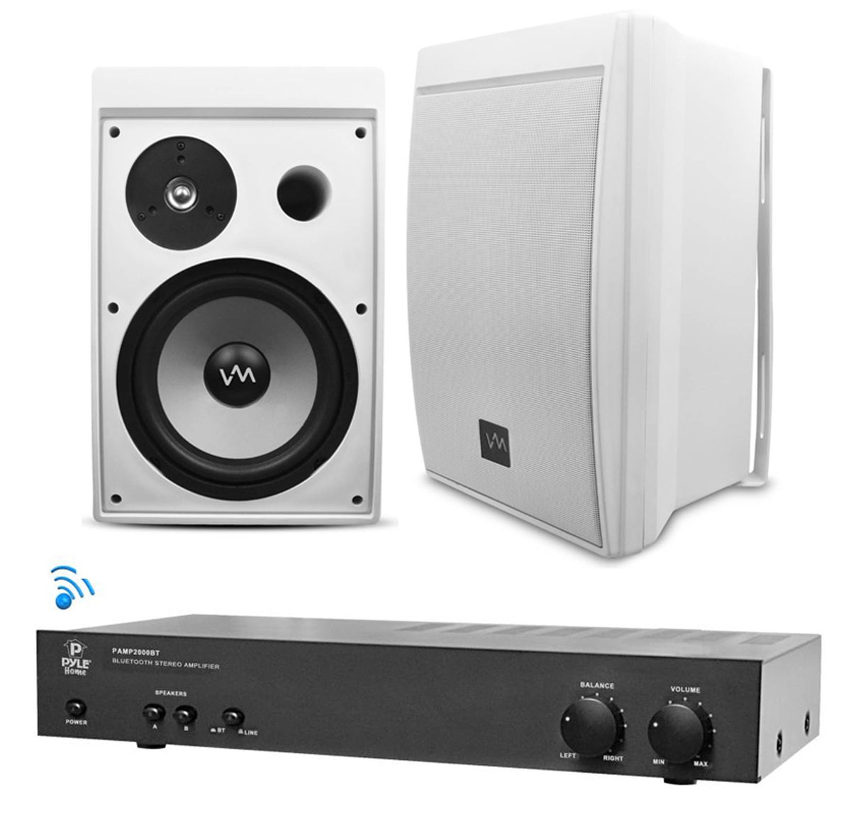 Bluetooth Outdoor PA Speakers - 2) VM Audio 8" Speakers + Pyle 2000BT Amplifier