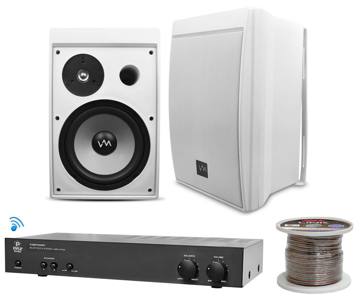 Bluetooth Outdoor PA Speakers - 2 VM Audio 8" Speakers + Pyle 2000BT Amp + Wire