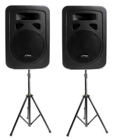 2) PYLE PPHP898A 400W 8'' Plastic Powered Amplified Speakers + Tripod Stands