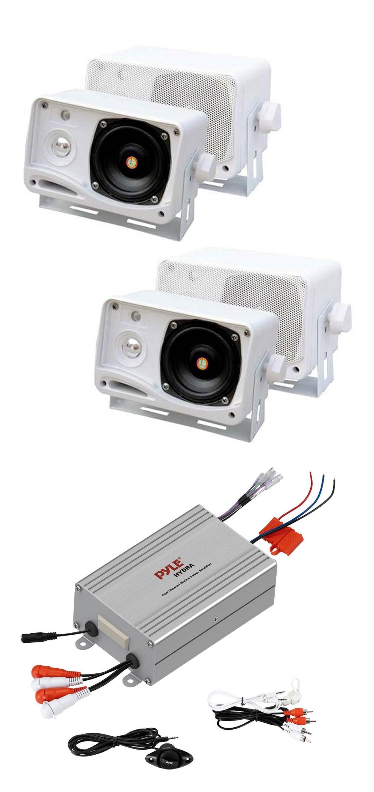 Pyle Marine Audio Boxed Mounted Mini Speakers (2 pair PLMR24) + 4-Ch Amplifier