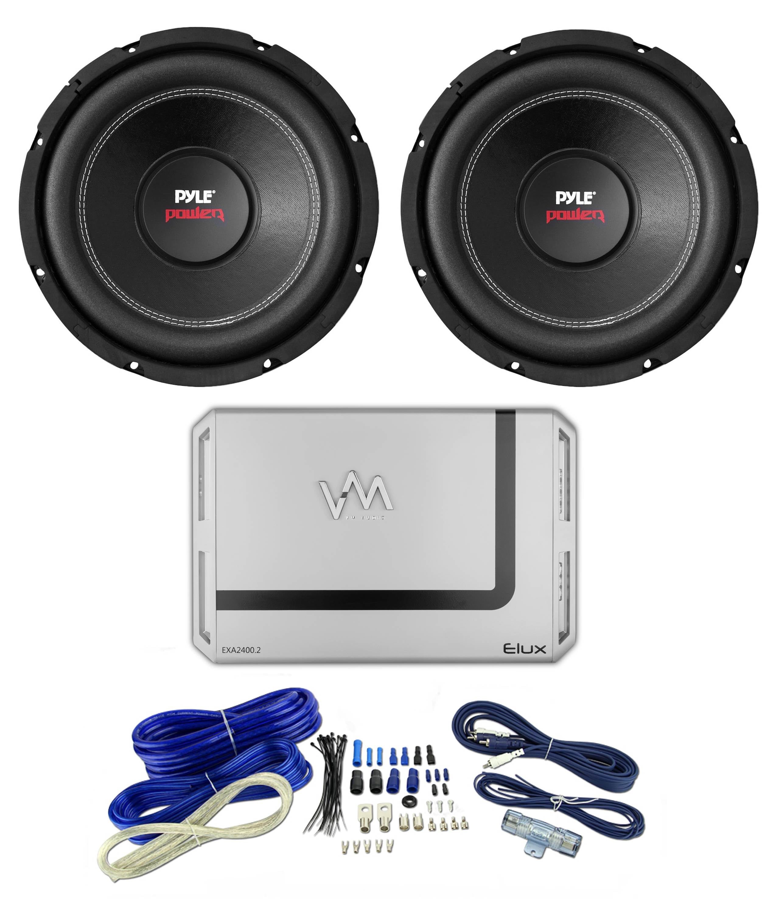 2) Pyle PLPW15D 15" 2000W 4-Ohm DVC Car Subwoofers + 2 Channel Amp + Wire Kit