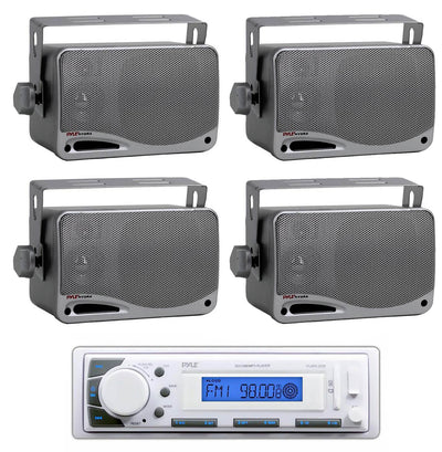 Pyle PLMR20W White Marine AM/FM Radio Player USB Input +4) Mini Box Speakers
