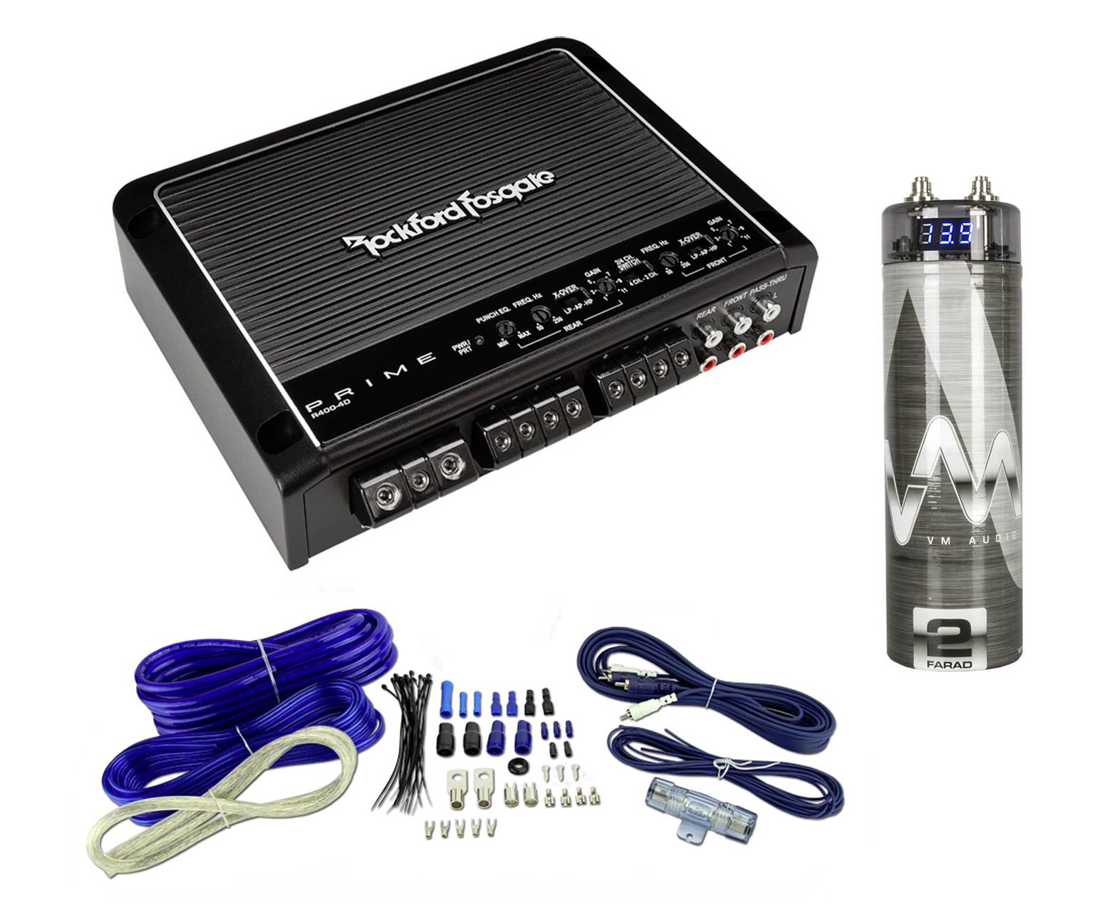 Rockford Fosgate R400-4D 400W 4 Channel Car Audio Amplifier + Wiring + Capacitor
