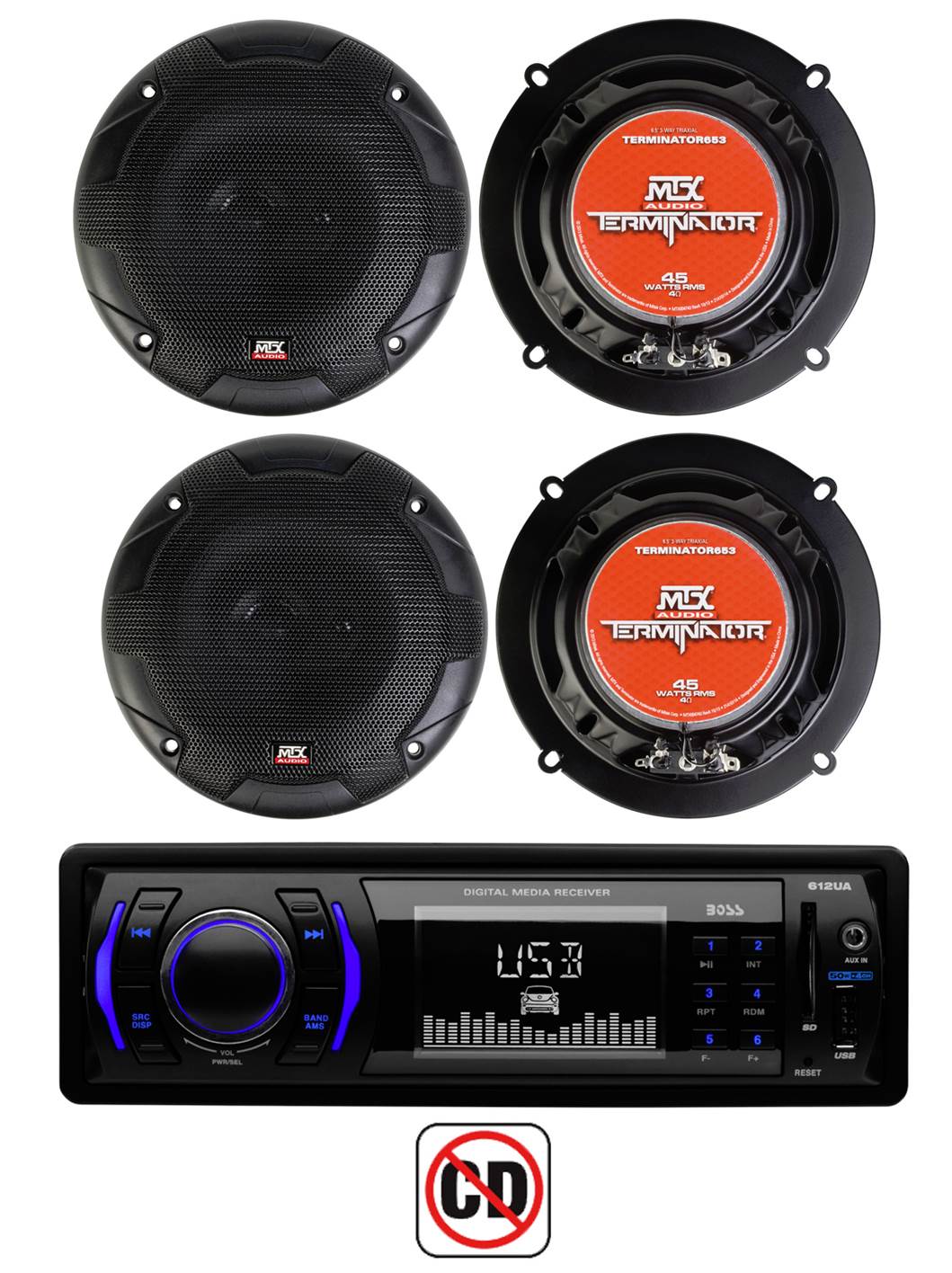 4) New MTX TERMINATOR653 6.5" 90W Coax Car Speakers Stereo + Boss 612UA Receiver