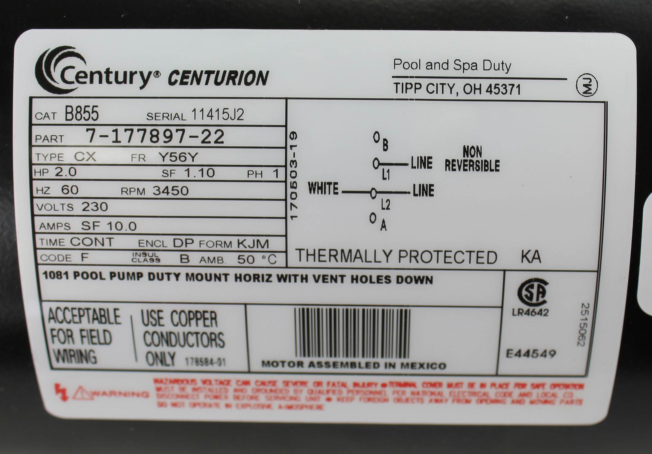 A.O. Smith Century B855 Square Fl2HP 230V 3450RPM Frame Pool Motor (Open Box)