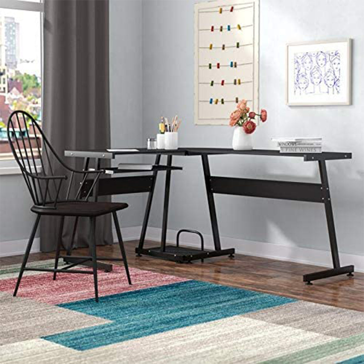 Ivinta Modern L Shaped Gaming Computer Desk w/ Keyboard Tray, Black (Used)
