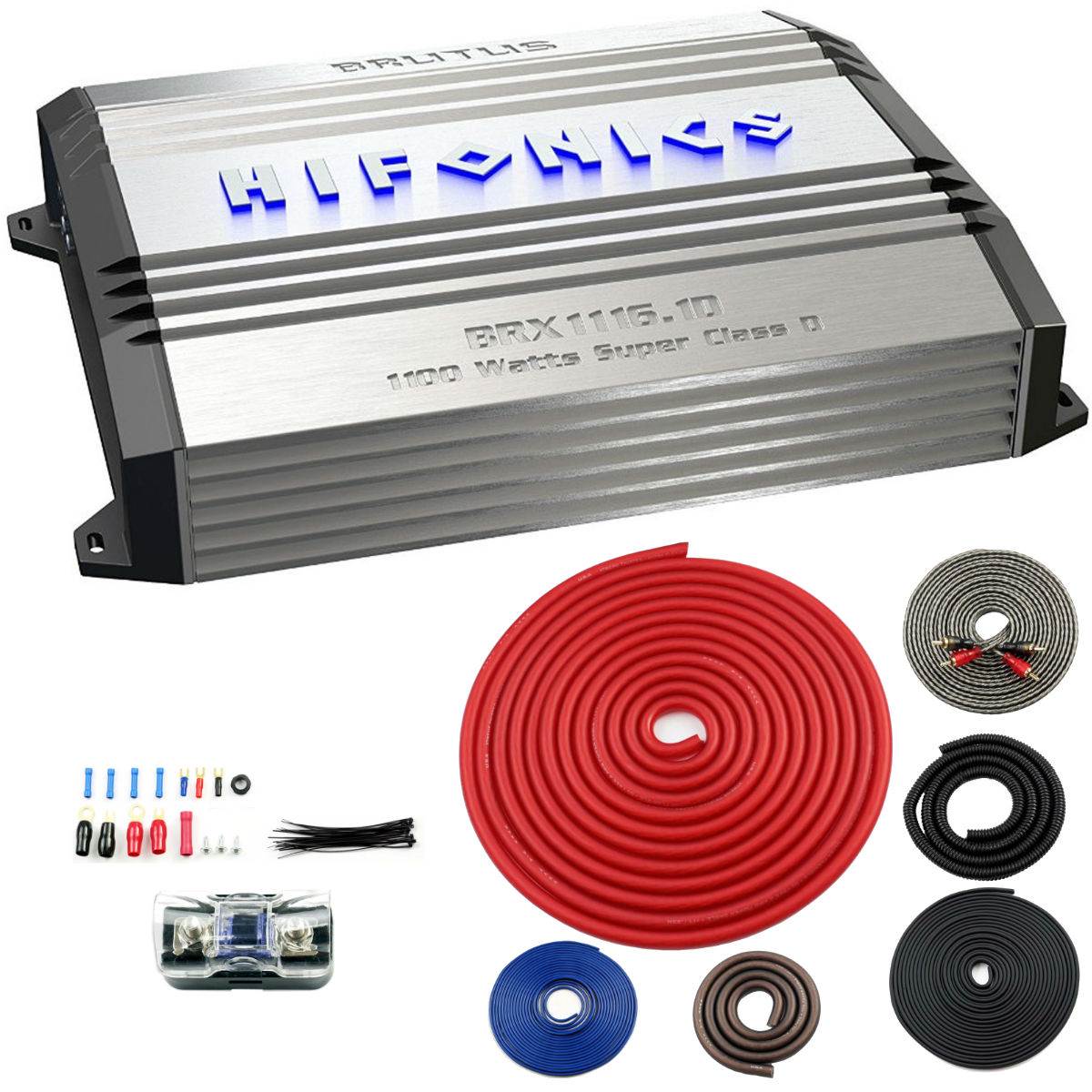 Hifonics BRX1116.1D Brutus MONO 1100 Watt Class D Car Amplifier Amp + Wiring