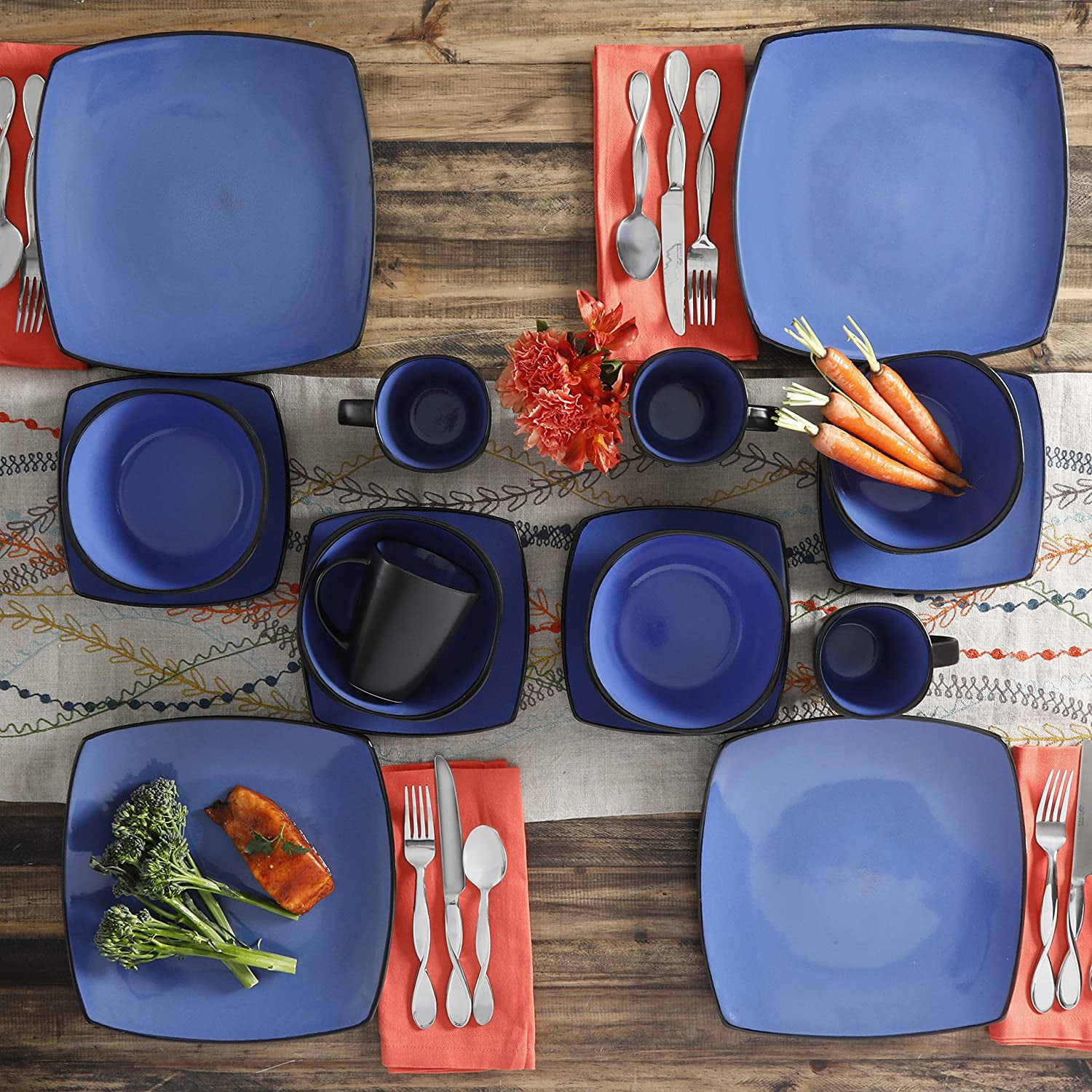 Gibson Elite Soho Lounge 16 Piece Plates, Bowls, & Mugs Set, Blue (Open Box) - VMInnovations
