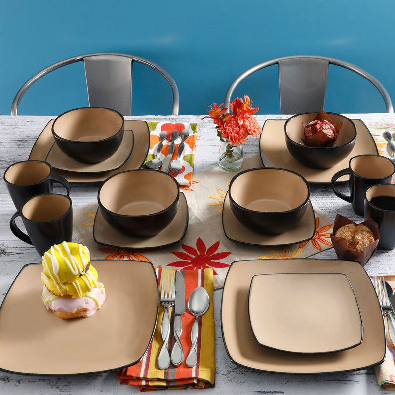 Gibson Soho Lounge 16 Piece Square Dinnerware Plates, Bowls, and Mugs Set, Taupe