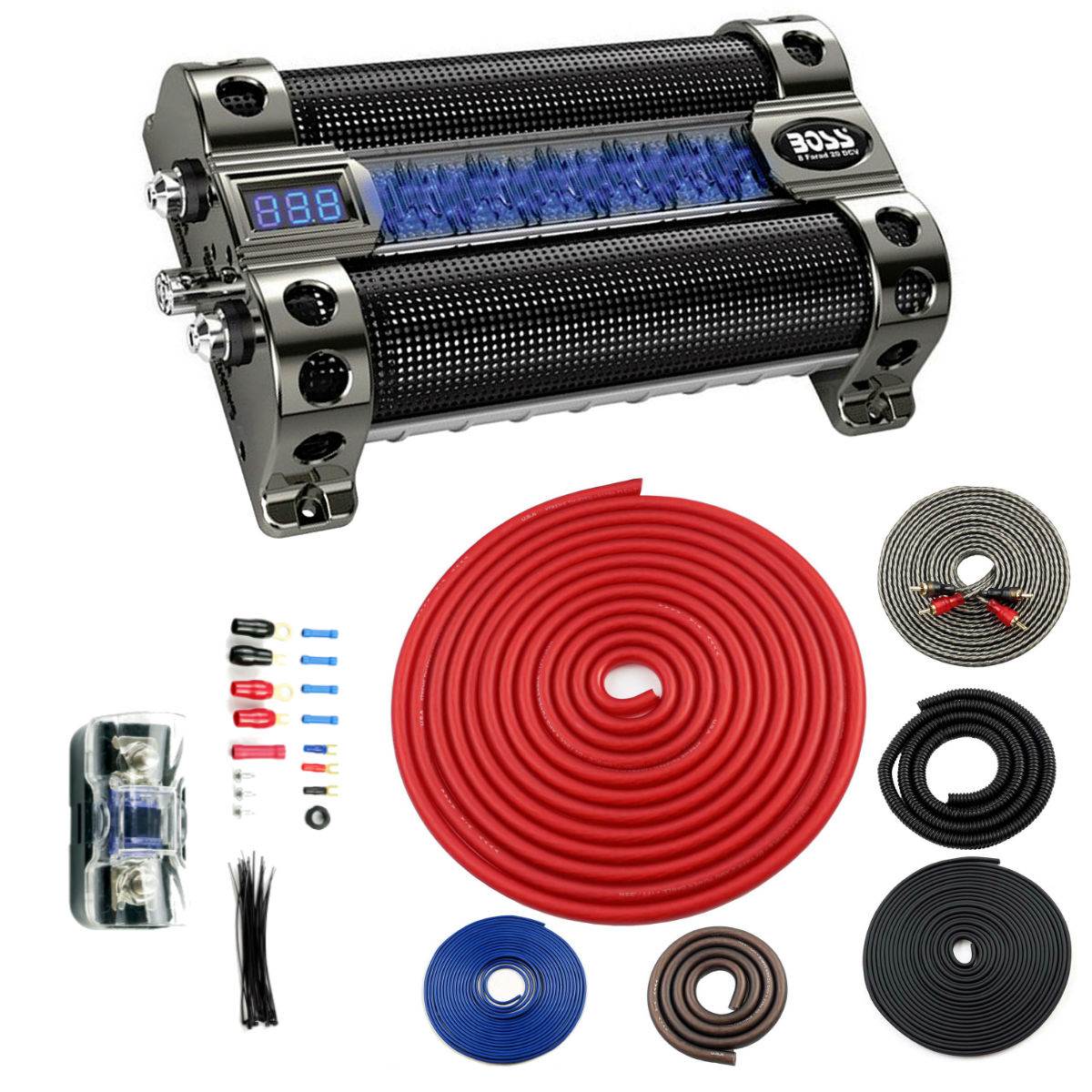 BOSS CAP8 8 FARAD LED Digital Car Capacitor Cap + BGE4RP 4 Gauge Wiring Kit