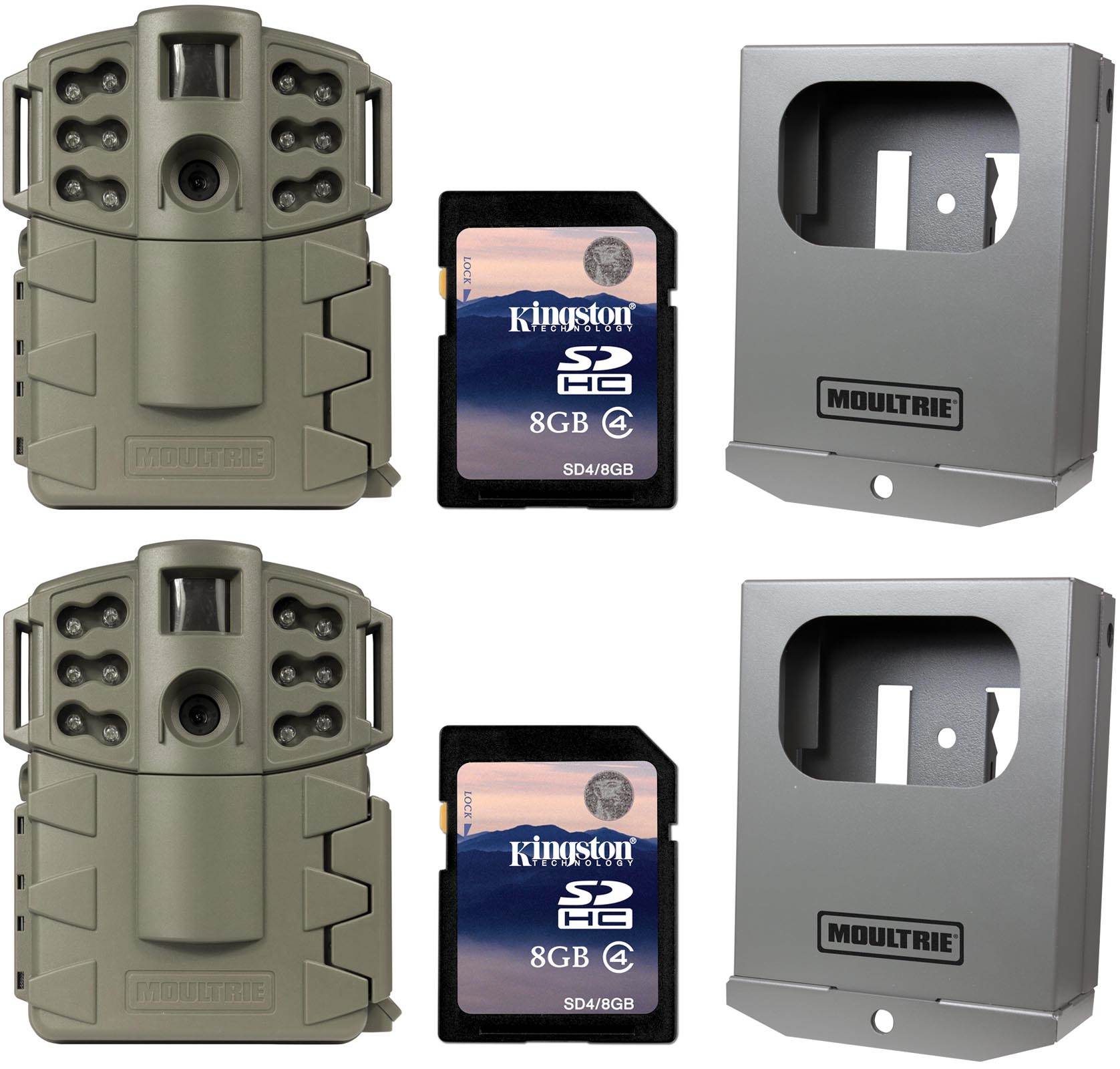 (2) MOULTRIE Game Spy A-5 Gen2 Low Glow 5MP Cameras + Security Boxes + SD Cards