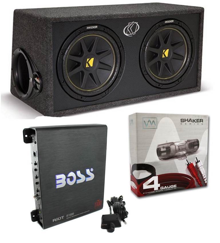 KICKER DC12 DUAL 12" 600W Loaded Car Audio Subwoofer Box & Amplifier & VM Wiring