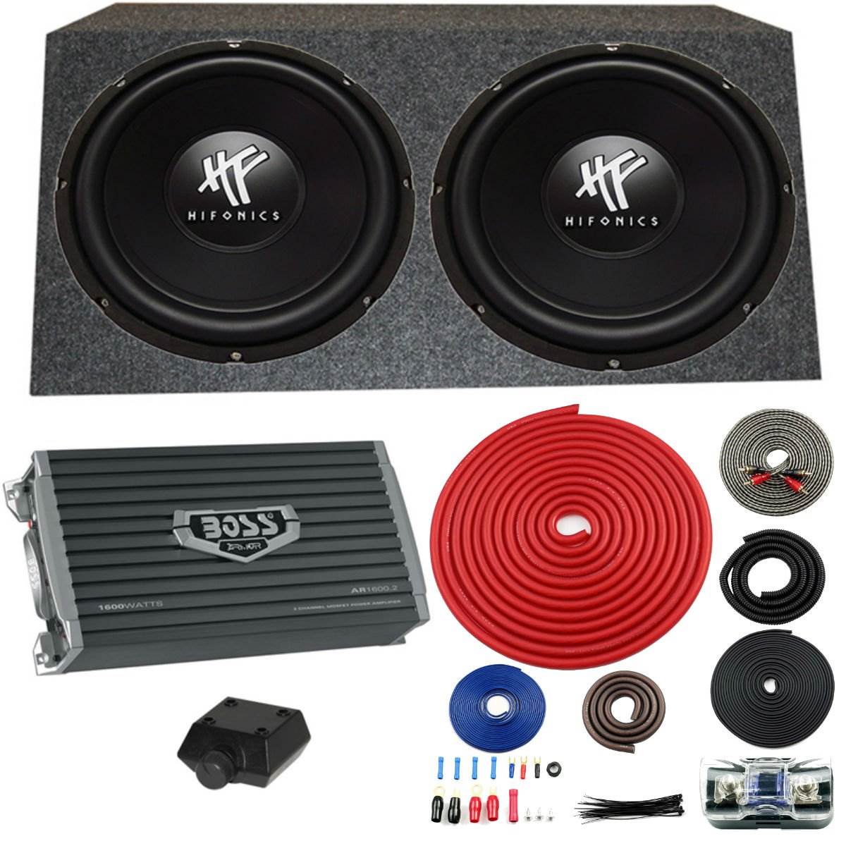2) HIFONICS HFX12D4 12" 1600W Car DVC Subwoofers + Angled Box + Amp + Wiring