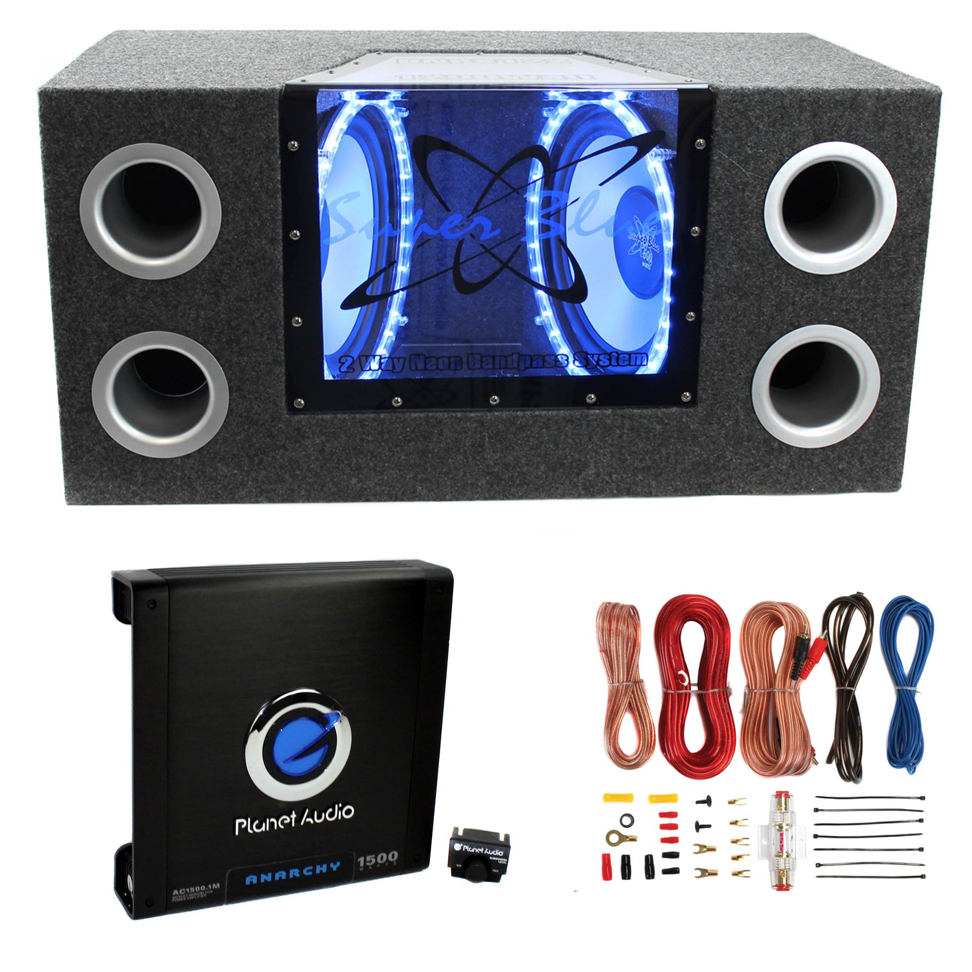Pyramid 12"1200W Car Bandpass Subwoofers and Box and 1500W Mono Amp w/ Wiring