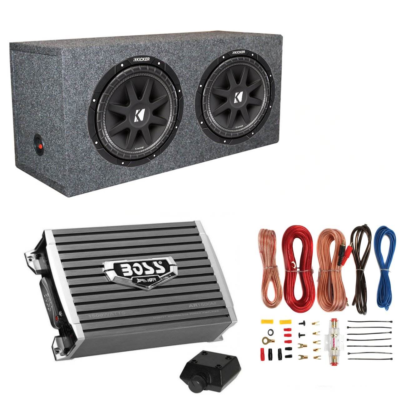 Kicker 600 Watt 12" Subwoofers (Pair) + Sealed Box Enclosure + Amp + Wiring Kit