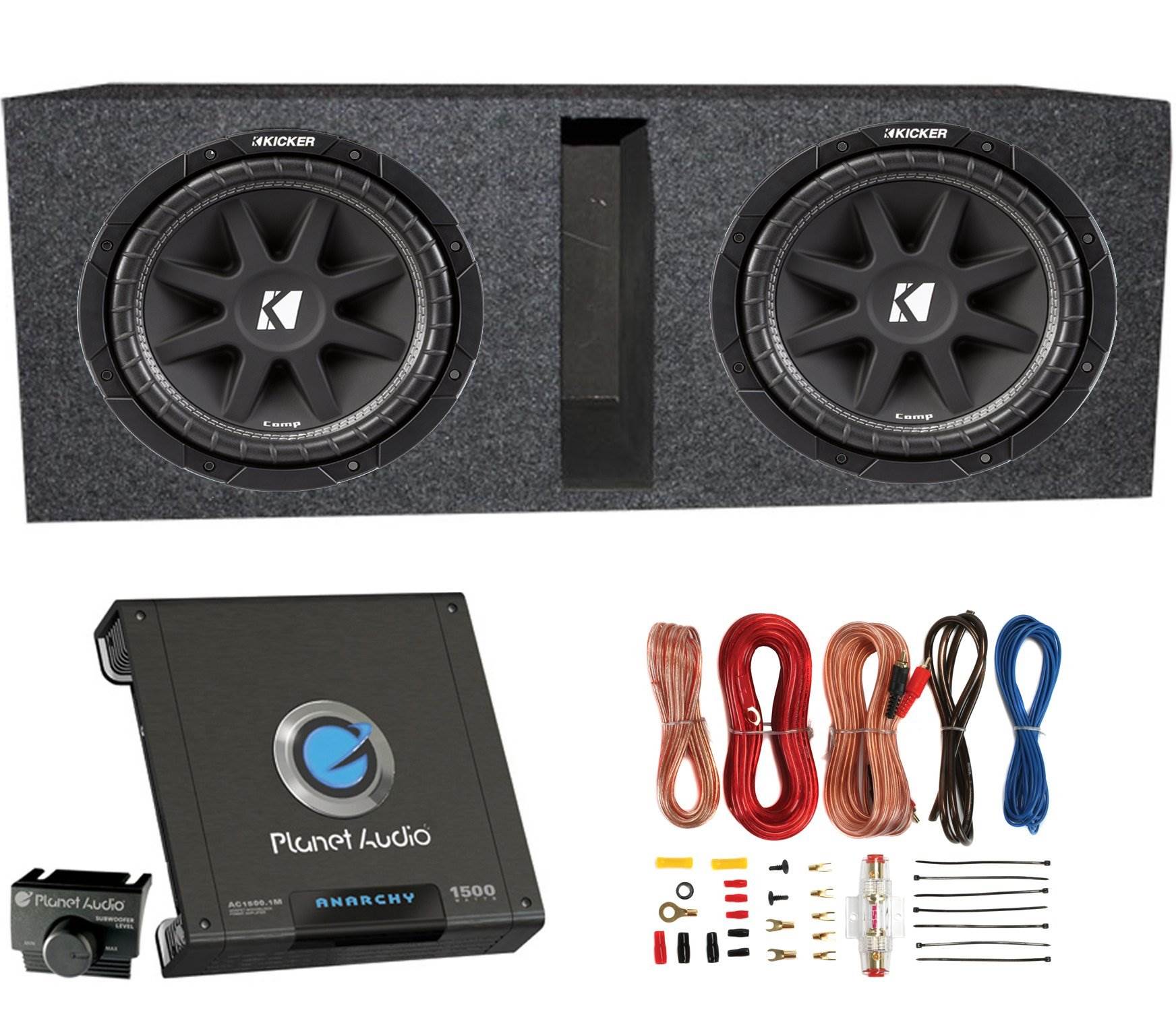 2) Kicker 43C124 600 Watt 12" Subwoofers, Ported Box Enclosure, Amp, and Wiring