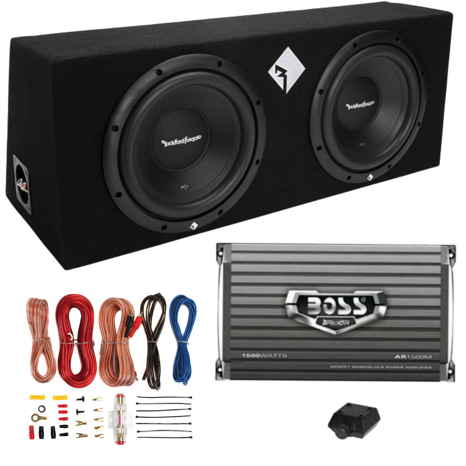 Rockford Fosgate 10" 800W Subwoofer Enclosure and Boss Amplifier w/ Wiring Kit