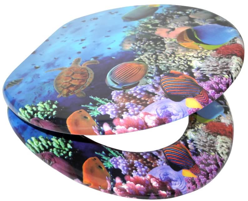 Sanilo Round Soft Molded Wood Adjustable Toilet Seat, Ocean Design (Open Box)