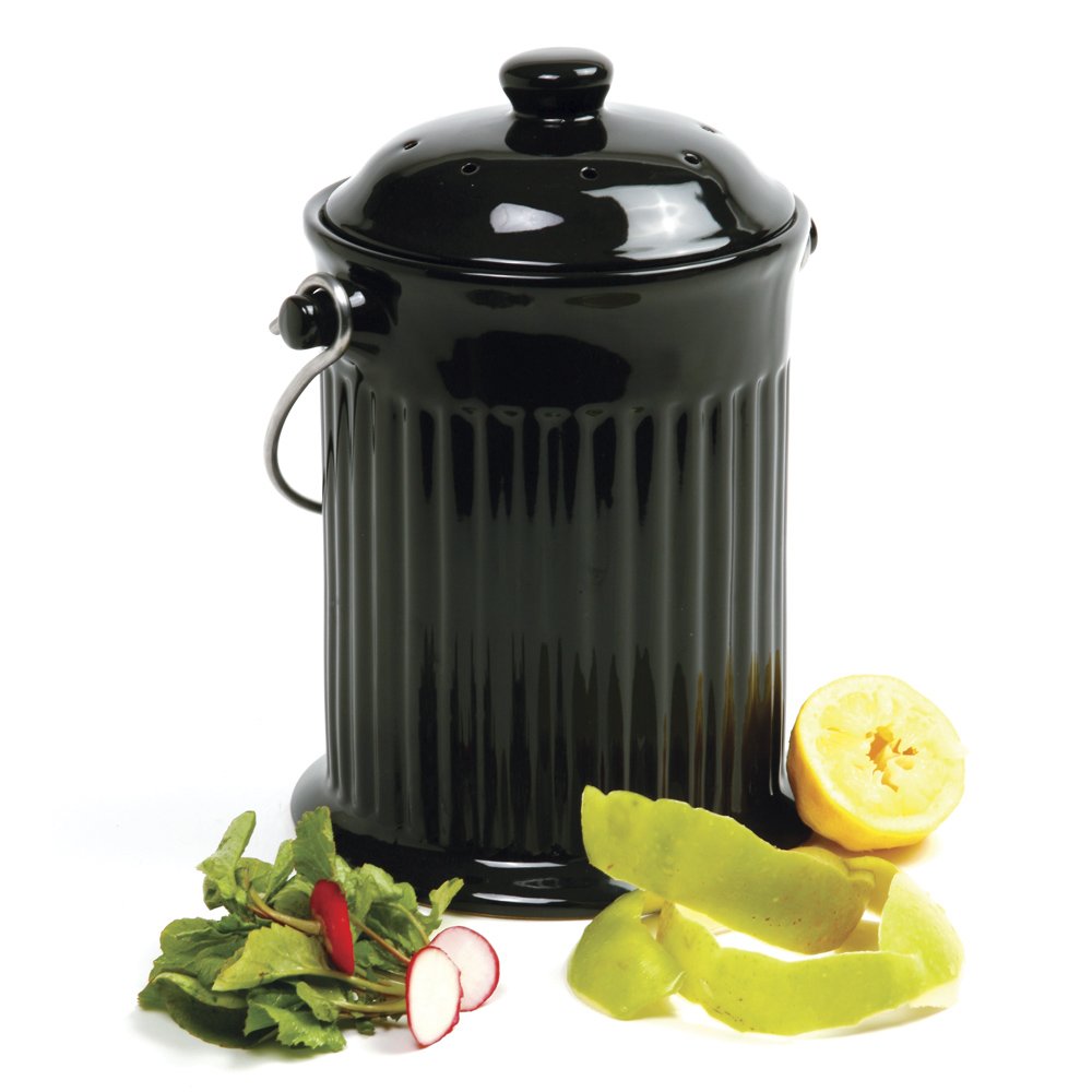 Norpro 1 Gallon Ceramic Counter Top Compost Crock w/ Steel Handle, Black (Used)