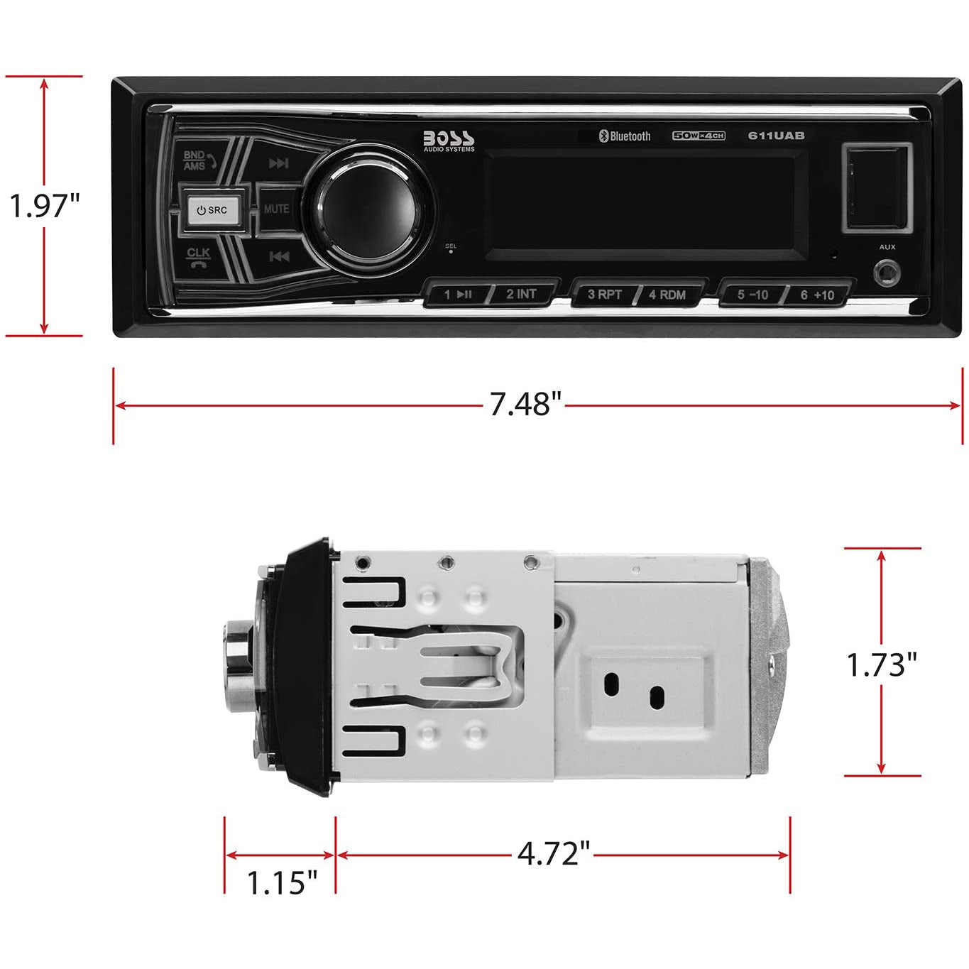 Boss 611UAB Single Din USB/SD AUX Bluetooth Radio Car Stereo Receiver (4 Pack)