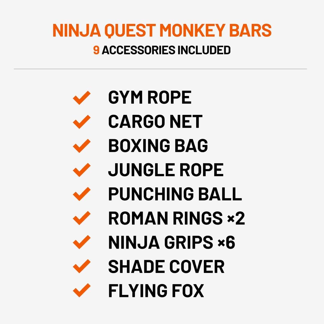 Monkey Bar Box A + Monkey Bar Box B + Monkey Bar Box C + Monkey Bar Box E (2 Pack) + Monkey Bar Box F (2 Pack) + Monkey Bar Box H + Quest Shade Cover (XL) + Cargo Net (XL/L) + Gym Rope + Jungle Rope + Flying Fox + Roman Rings (2) + Boxing Bag + Punching - VMInnovations