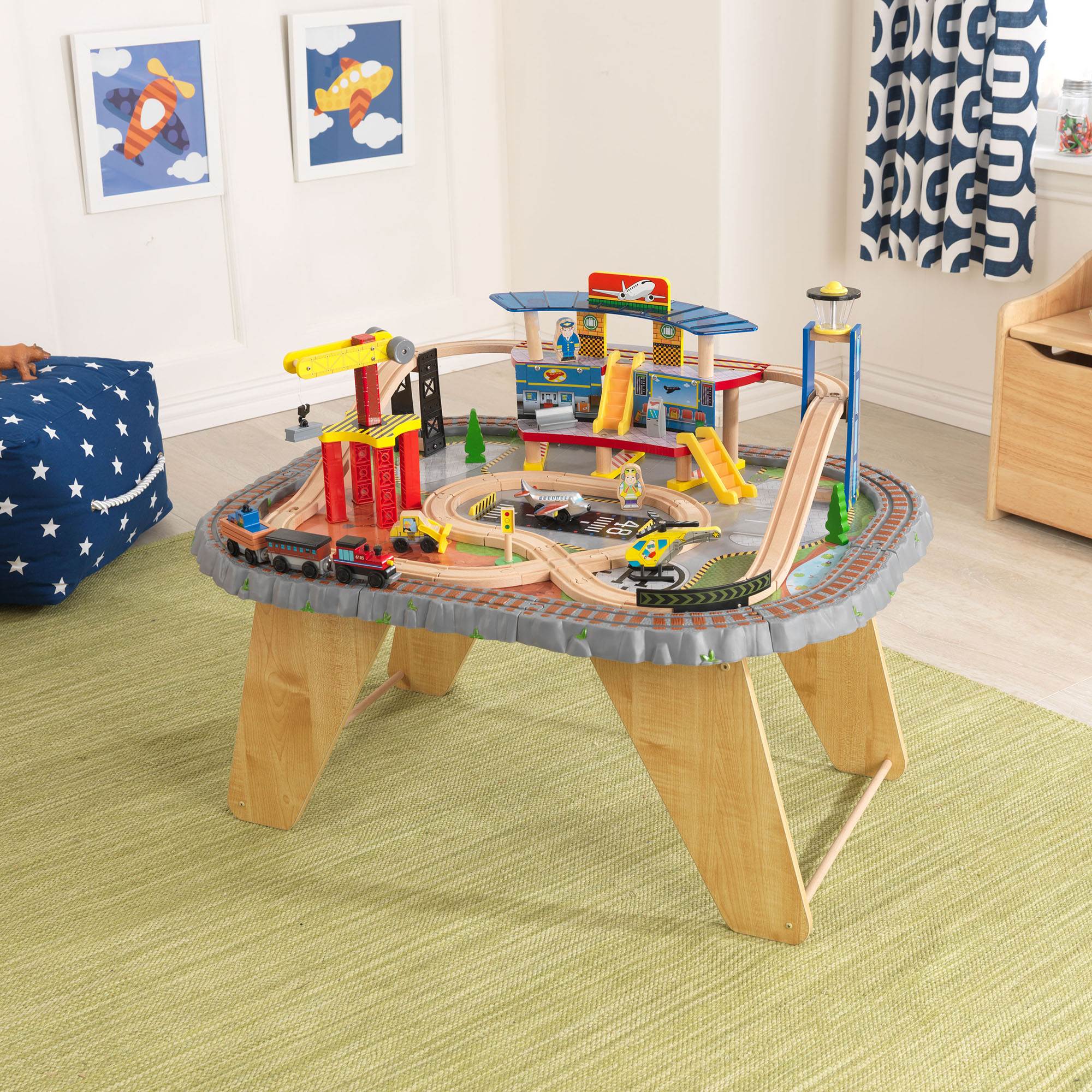 KidKraft Kids 58 Piece Transportation Station Wood Train Play Set Activity Table