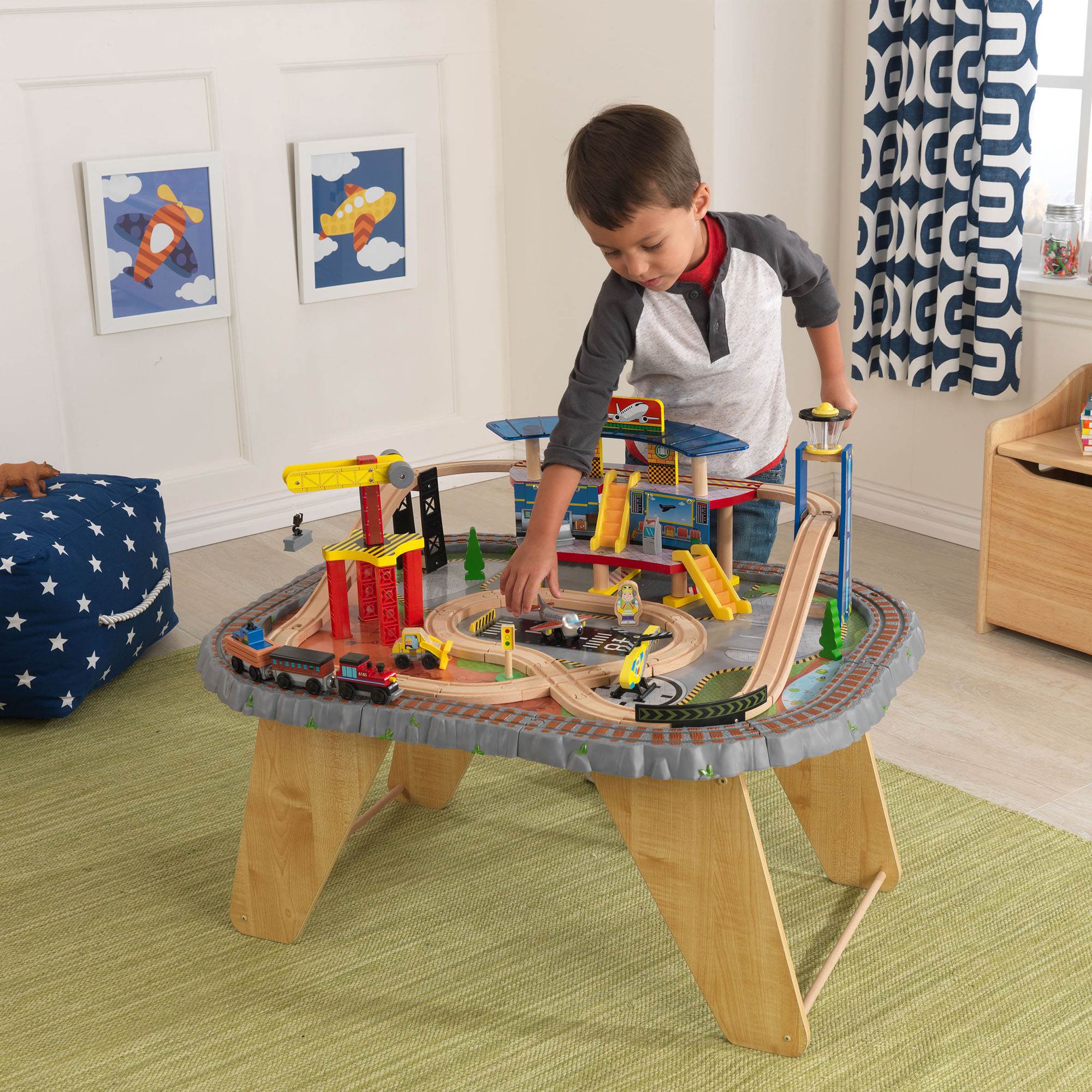 KidKraft Kids 58 Piece Transportation Station Wood Train Play Set Activity Table