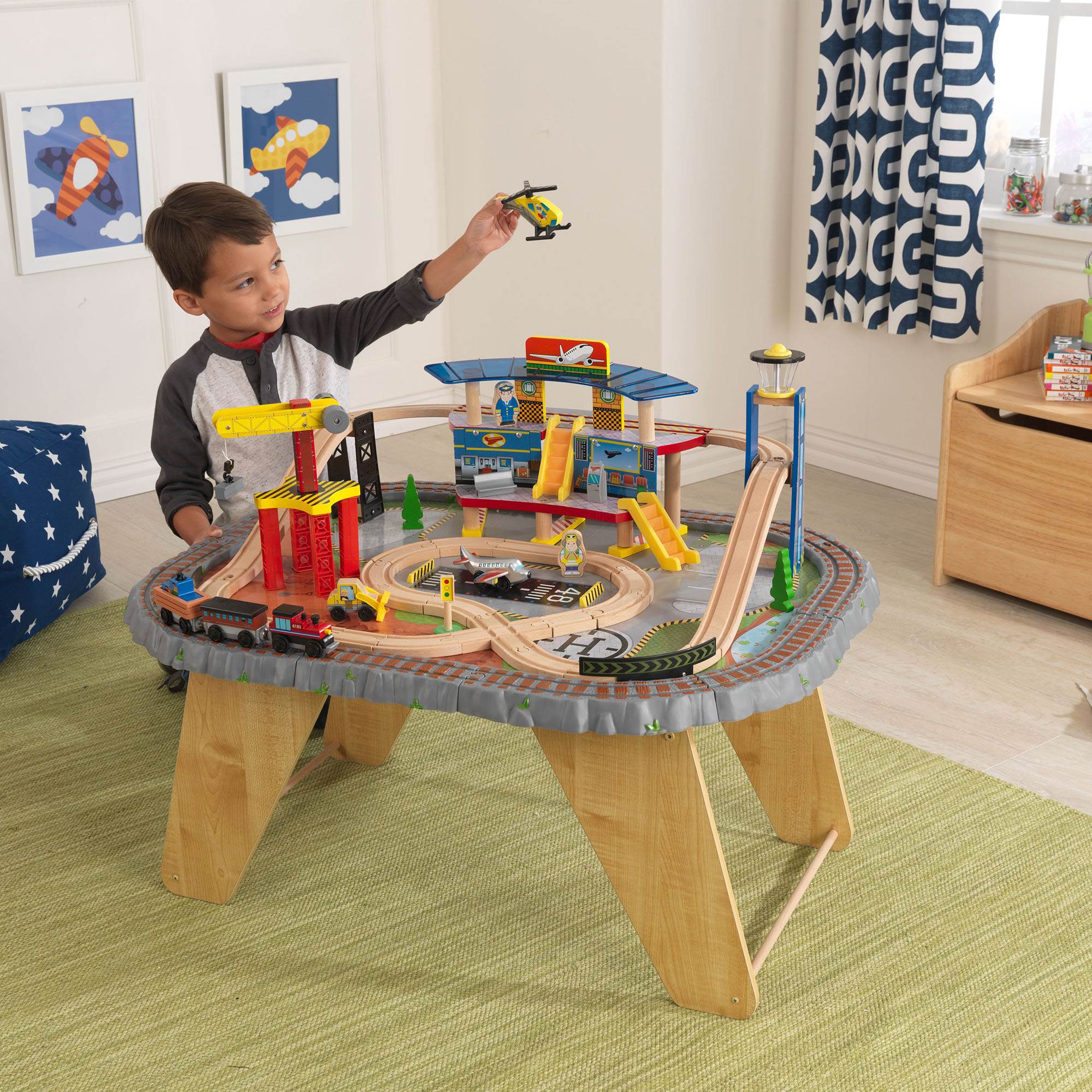 KidKraft Kids 58 Piece Transportation Station Wood Train Play Set Activity Table