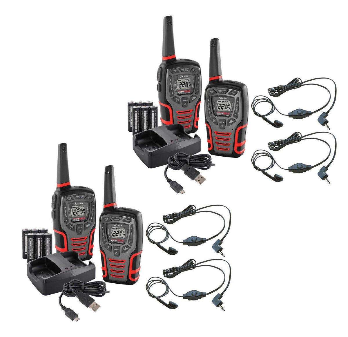 (4) COBRA CXT545 MicroTalk 28 Mile 22 Ch Walkie Talkie 2-Way Radios w/ Headsets