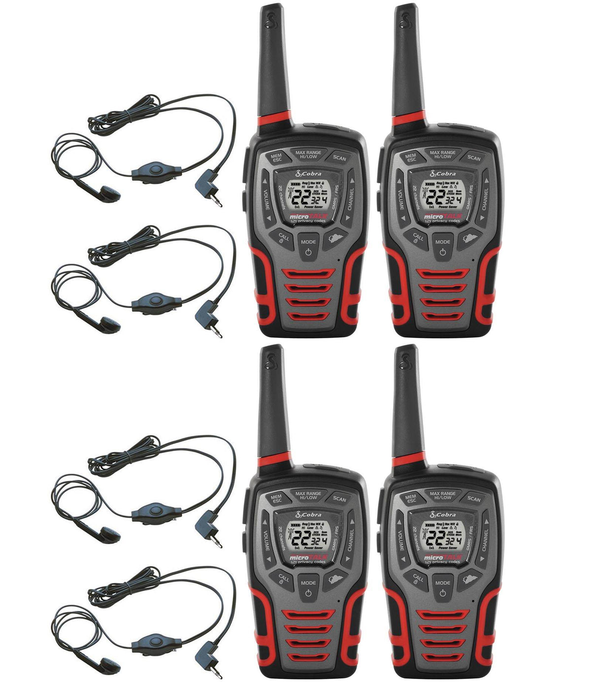 (4) COBRA CXT595 MicroTalk 32 Mile 22 Ch Walkie Talkie 2-Way Radios w/ Headsets