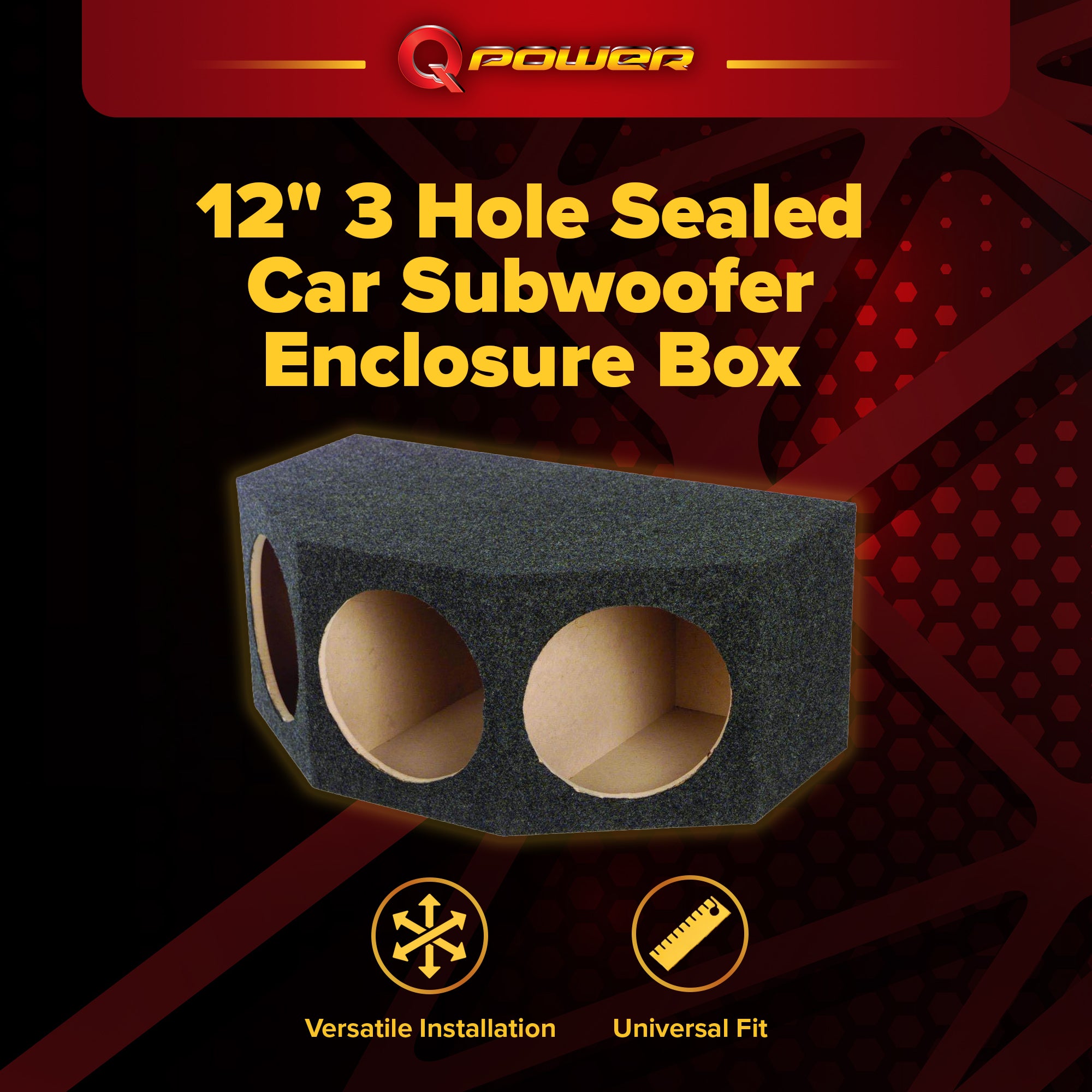 QPower BASS12 3 Hole 12" Sealed Car Subwoofer Enclosure Box | 35 x 20.25 x 15 - VMInnovations