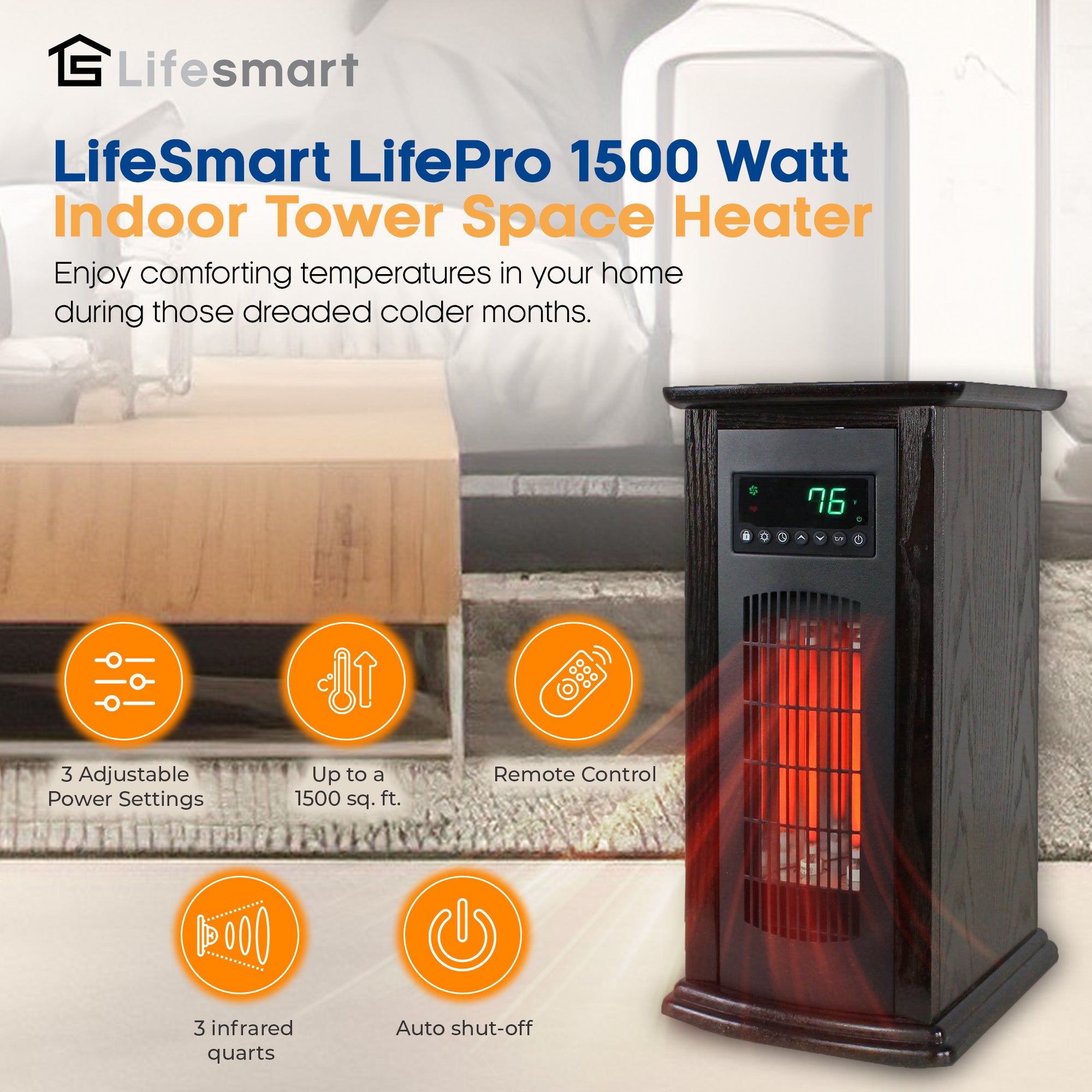 LifeSmart LifePro 1500 Watt 1500 BTU Infrared Quartz Indoor Tower Space Heater - VMInnovations