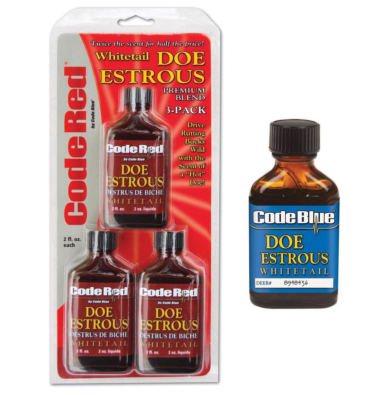 (3) Code Red OA1325 + (1) Code Blue OA1001 Deer Doe Estrous Scent Bottles