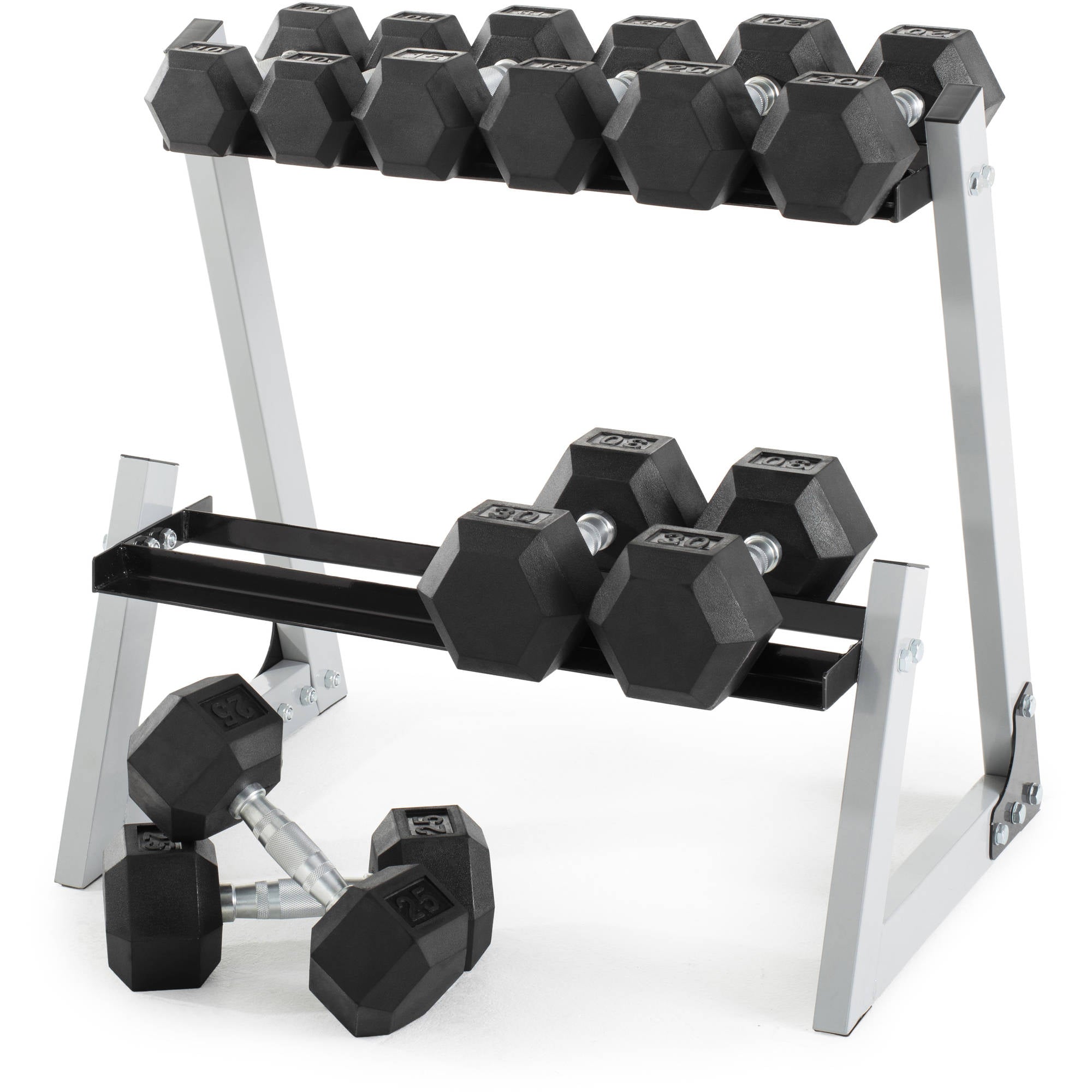 Weider WDBKR20016 200 Pound Rubber Hex Dumbbell Weight Set with Weight Rack