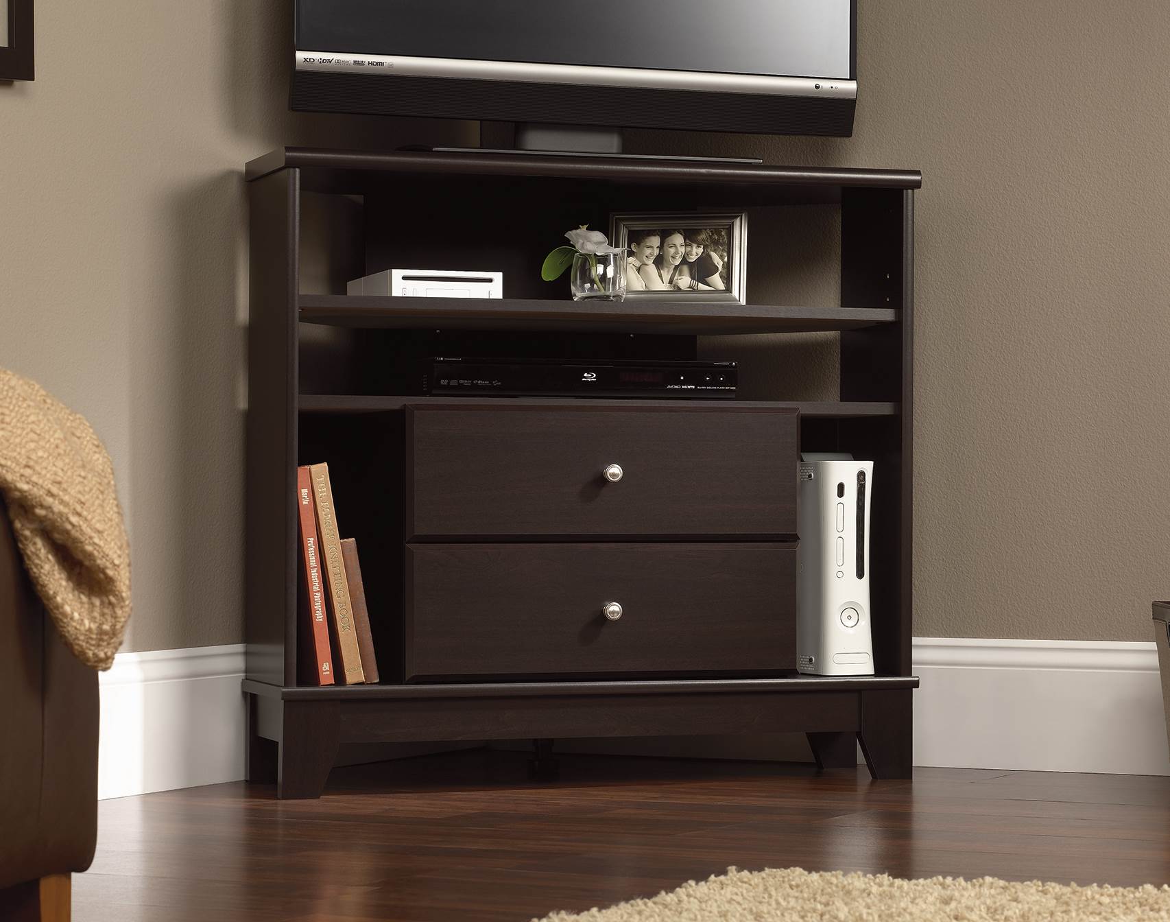 Sauder Camarin Collection Jamocha Wood Corner Console TV Stand (Open Box)