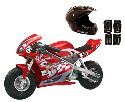 Razor 24 Volt Electric Racing Motorcycle Pocket Rocket with Helmet & Pads, Red