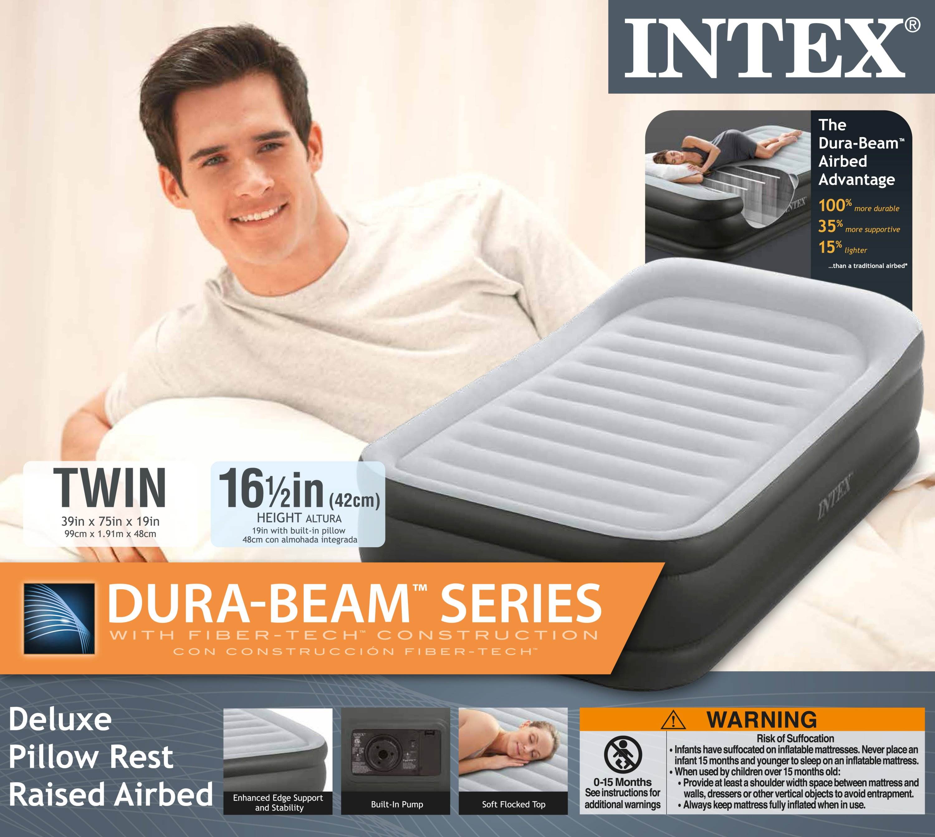 Twin Deluxe Pillow Rest Fiber-Tech Airbed Raised Air Mattress W/ Pump (Open Box)