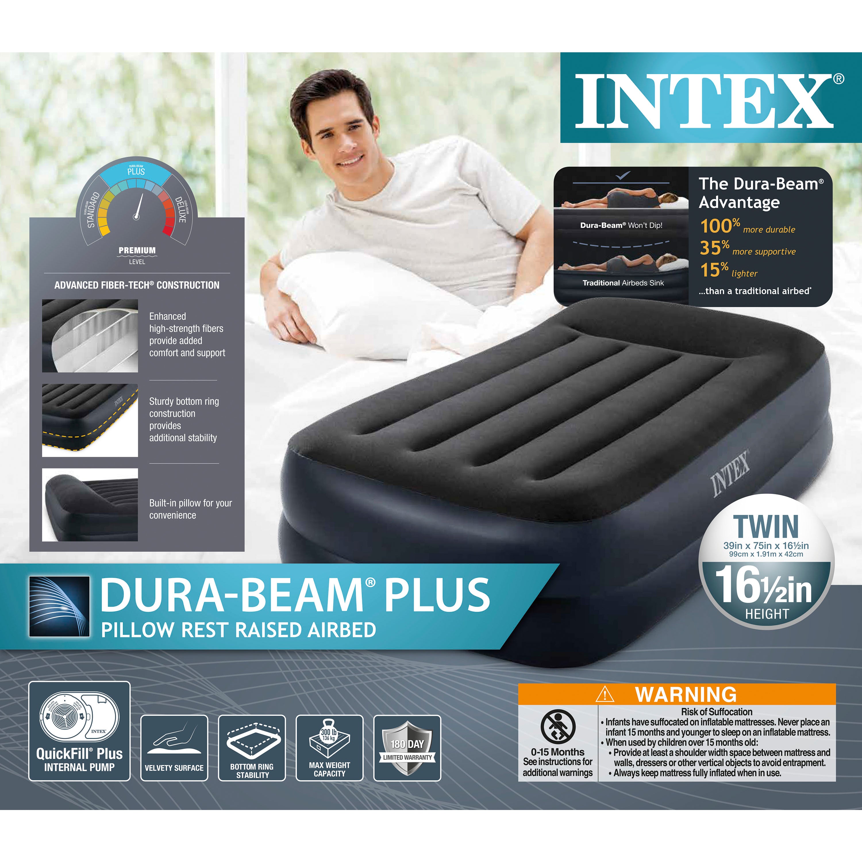 Intex Dura Beam Plus Pillow Raised Airbed Mattress w/ Built in Pump, Twin (Used) - VMInnovations