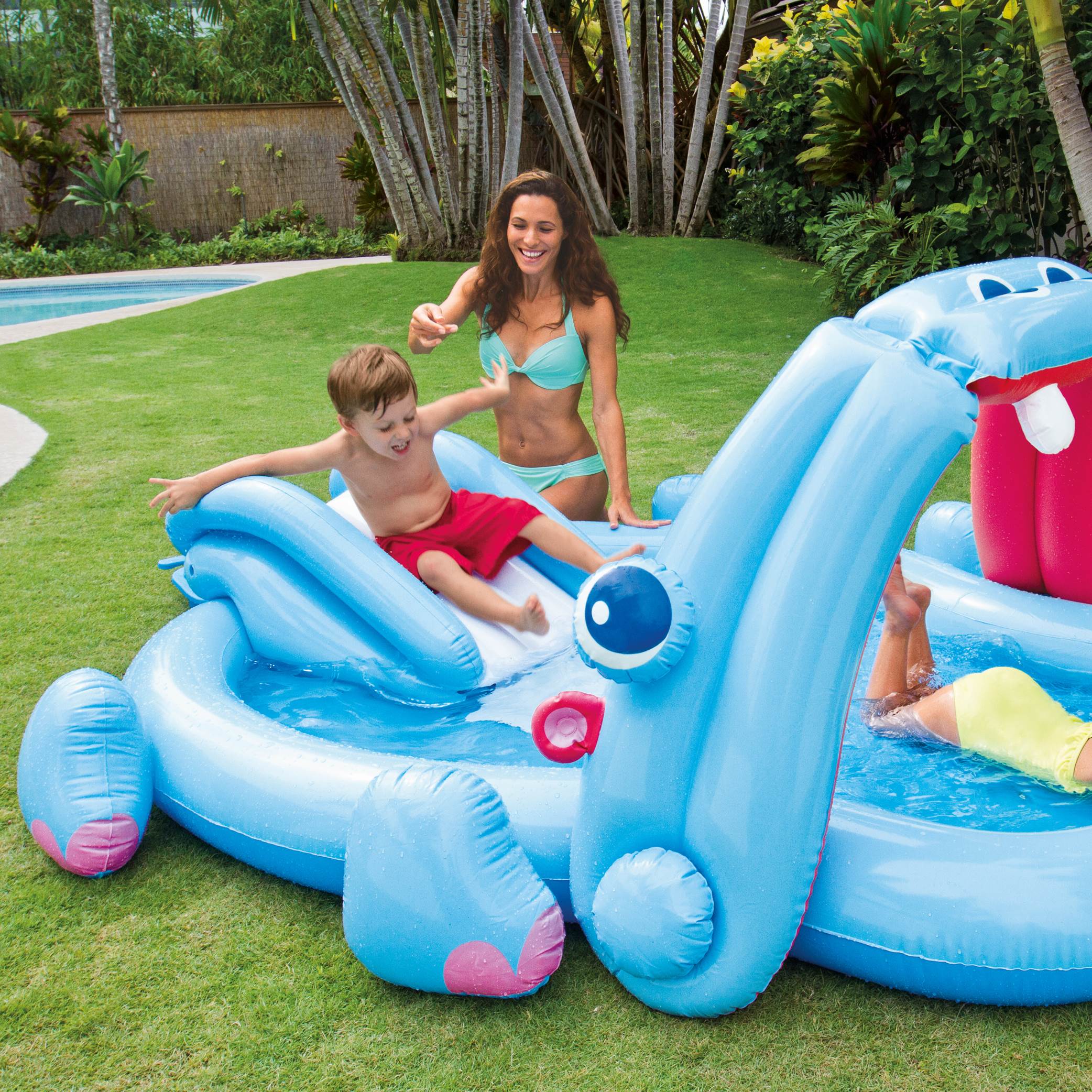 Intex Inflatable Hippo Play Center Kids Pool With Slide And Sprayer (Open Box)