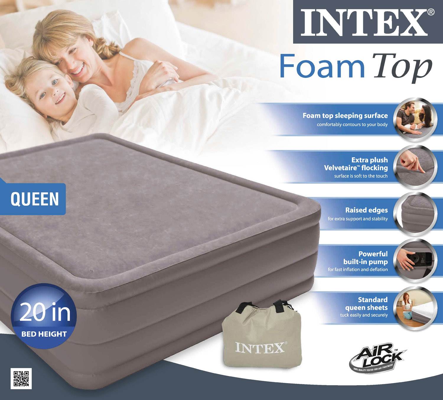 Intex Queen Raised Air Bed Foam Top Mattress with Build in Air Pump (Used)