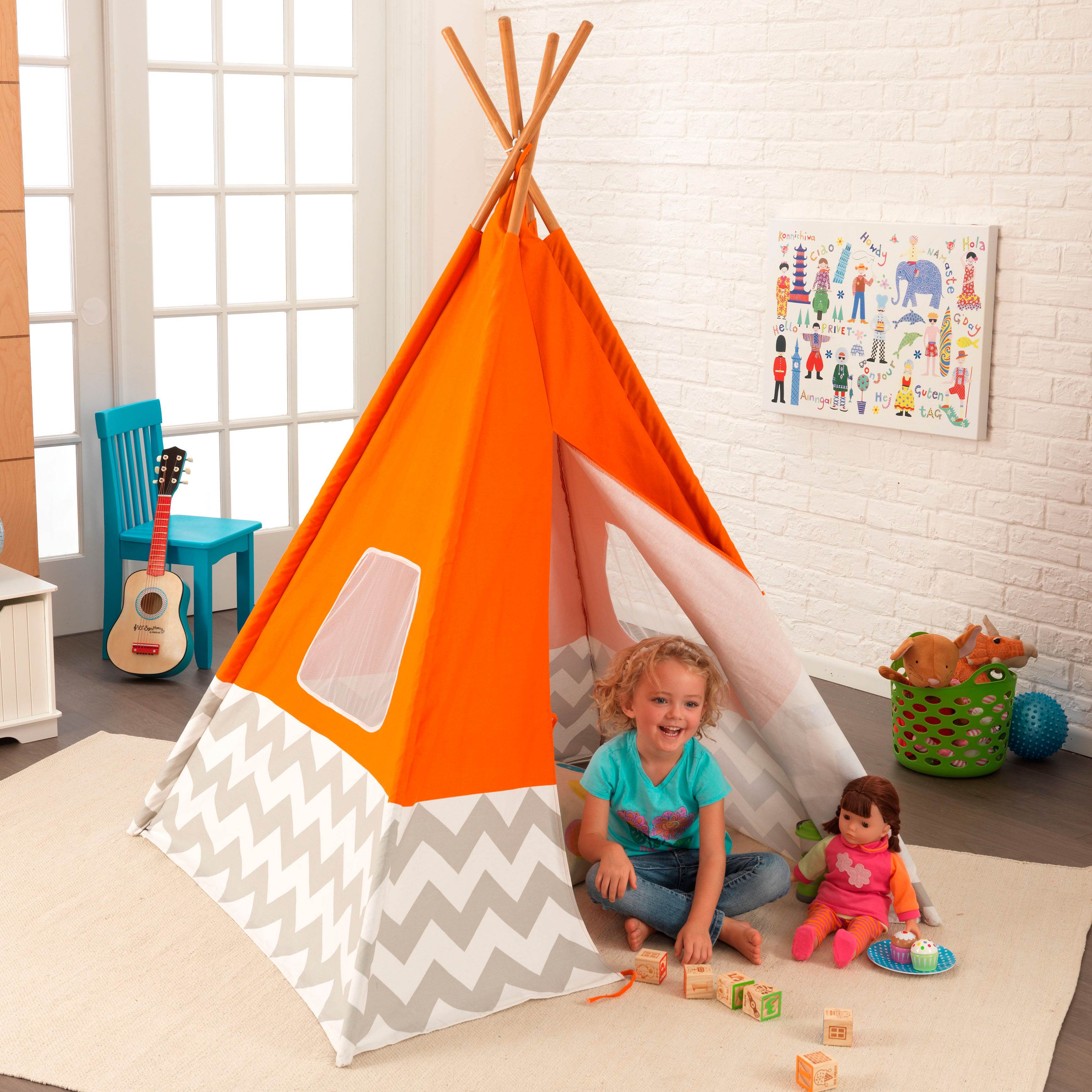 KidKraft Kids Child Deluxe Indoor Play Teepee in Orange & Grey Chevron(Open Box)