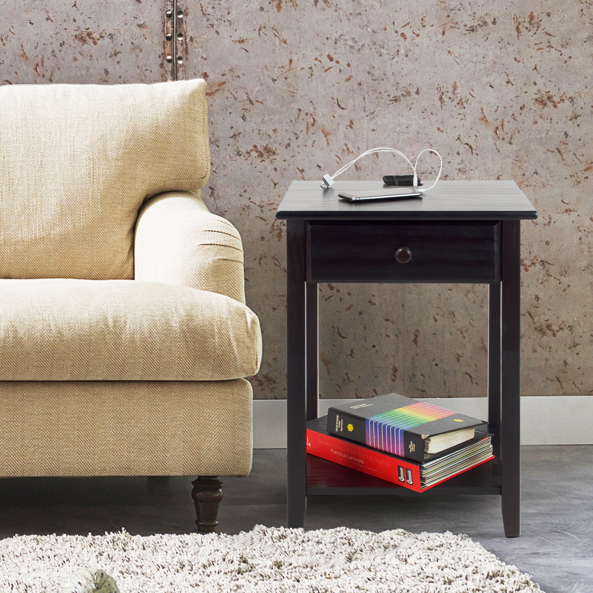 Casual Home Night Owl Bedroom Nightstand with Included Discrete USB Port Station