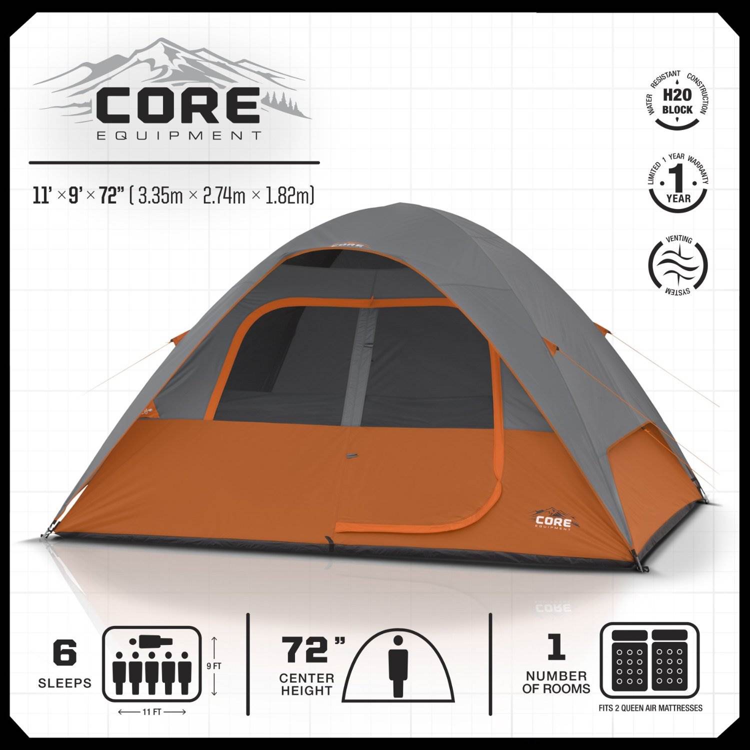 CORE Equipment 6 Person 11' x 9' Dome Camping Tent | Orange/Grey (Open Box)