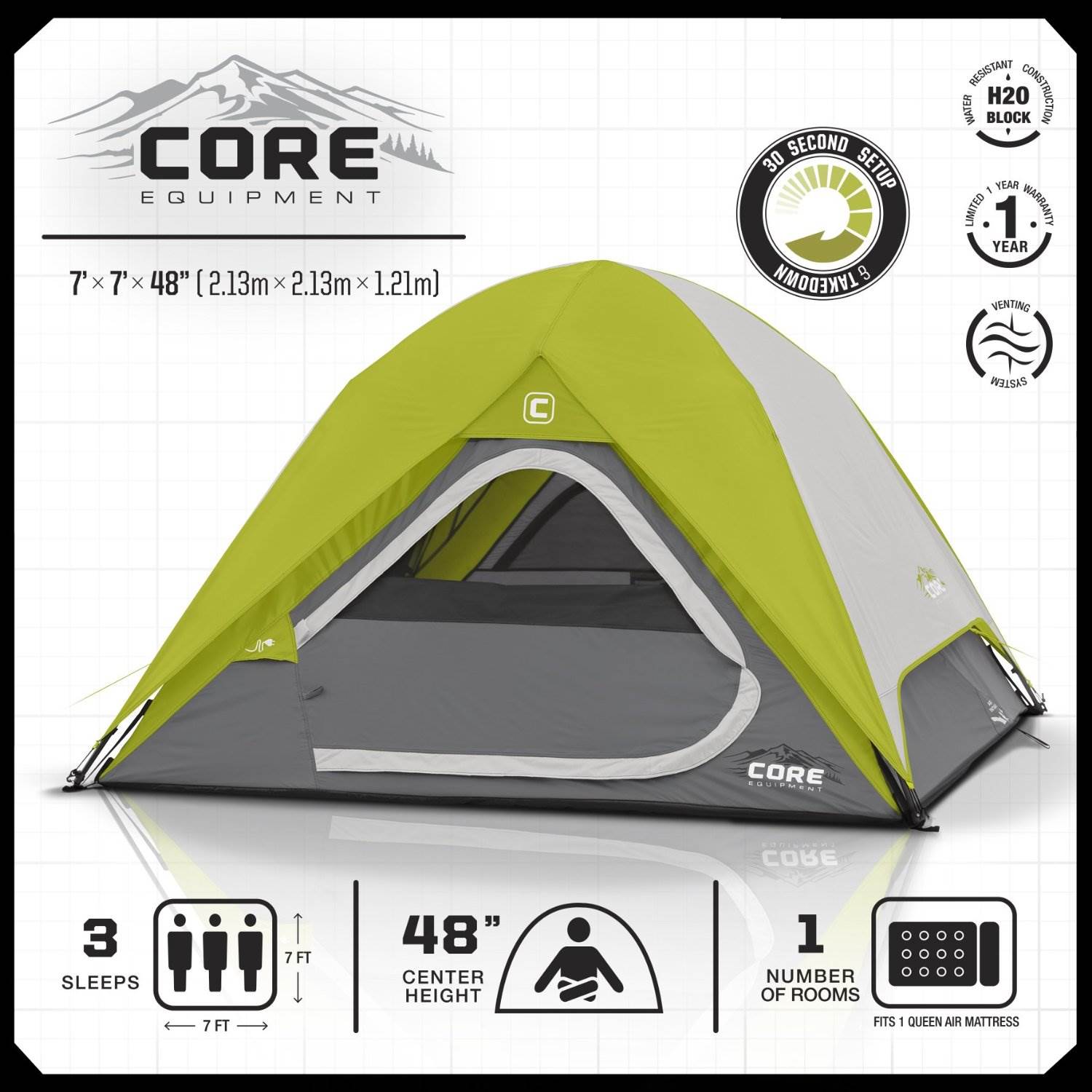 CORE 3 Person Instant Pop Up 7' x 7' Dome Camping Tent - Green/Grey (Open Box)