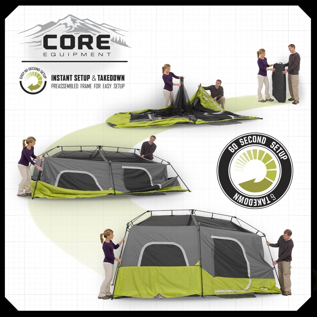 CORE Equipment 9 Person Instant Pop Up 14' x 9' Cabin Tent | Green (Open Box)